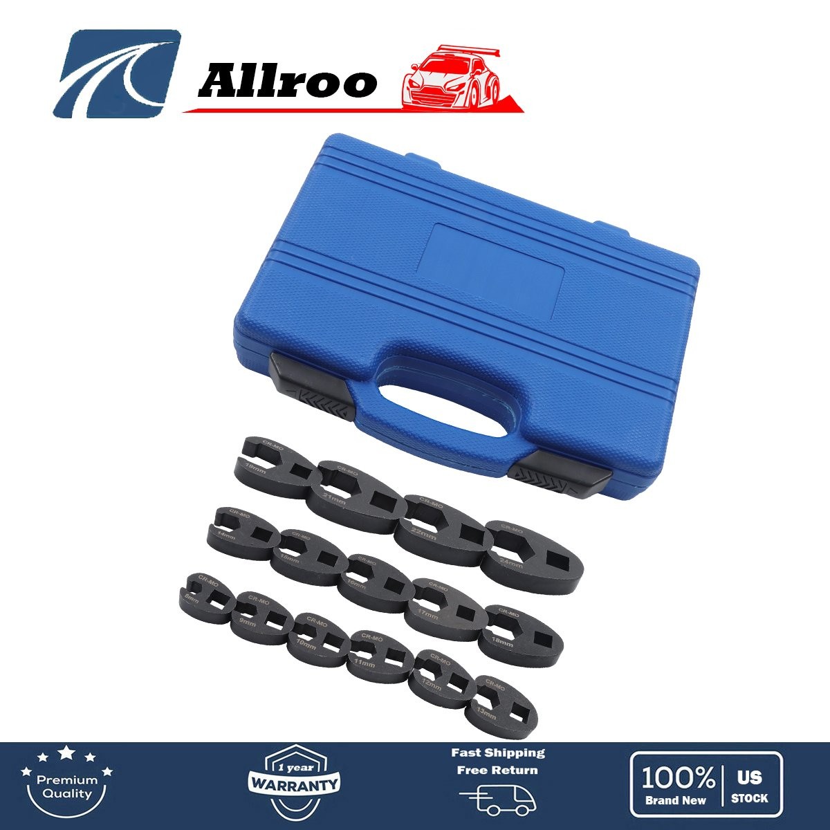 For 8 to 24 mm Nuts 3/8″ and 1/2″ New 15Pcs Crowfoot Flare Nut Wrench Set Metric