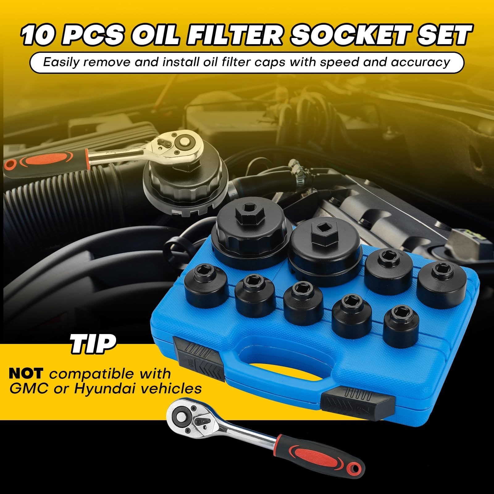 10PCS Metric Oil Filter Wrench Set | 3/8″ Drive Cap Removal Tool Kit for Toyota,