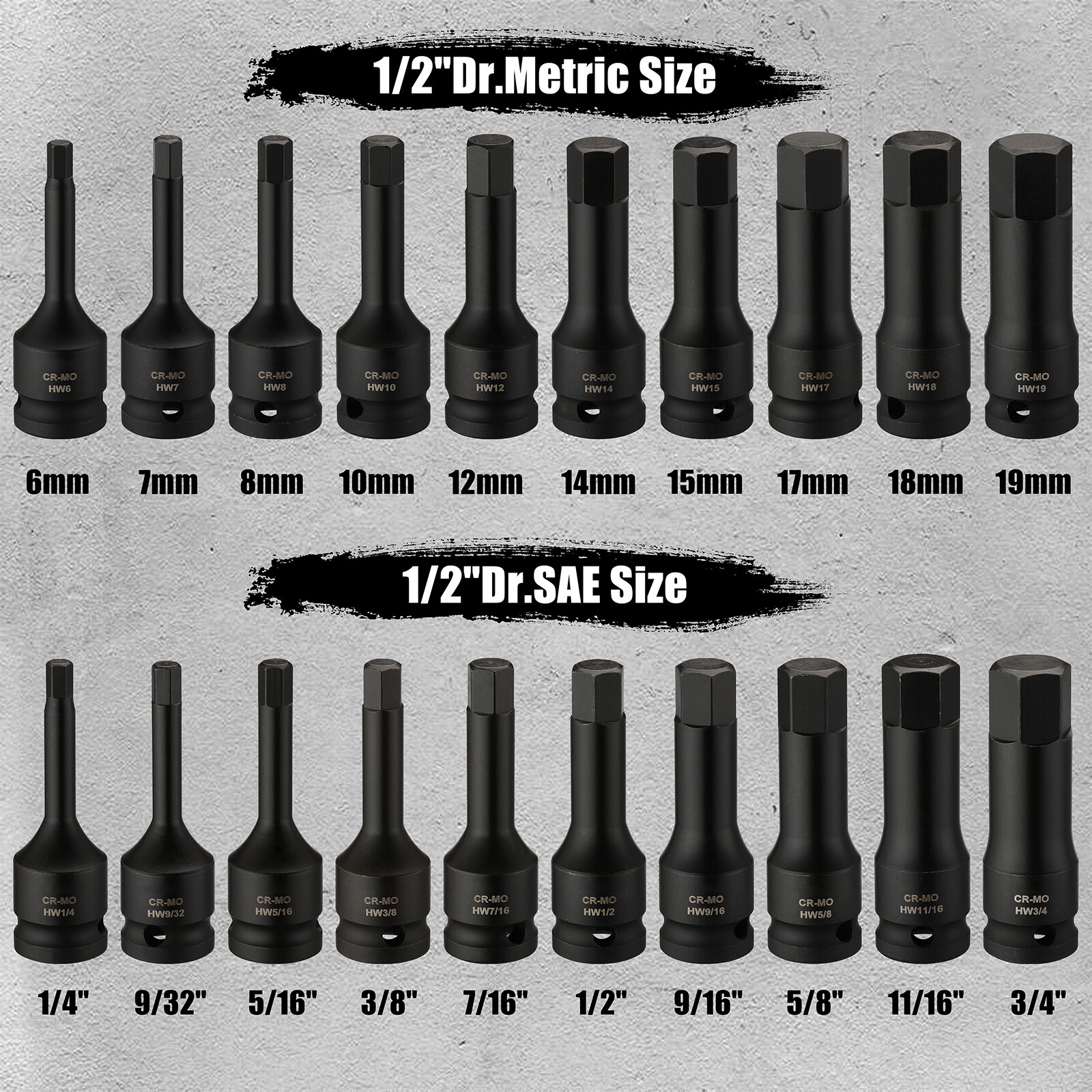 1/2″ Drive Master Impact Hex Bit Set SAE 1/4″-3/4″,Metric 6mm-19mm Cr-Mo