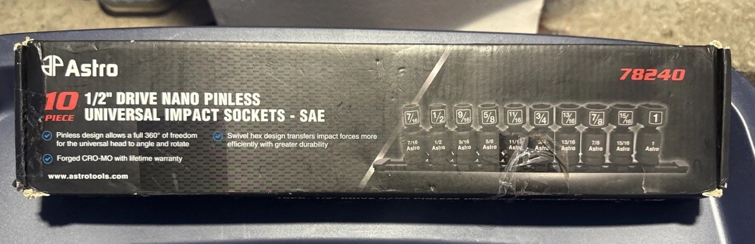 Astro 10pc 1/2″ Drive Nano Pinless Universal Impact Socket Set SAE 7/16” – 1”