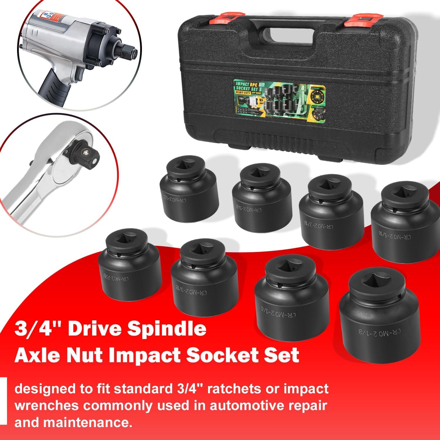 3/4″ Drive Spindle Axle Nut Impact Large Socket Set,2-1/16″ to 2-1/2″, 6-Point