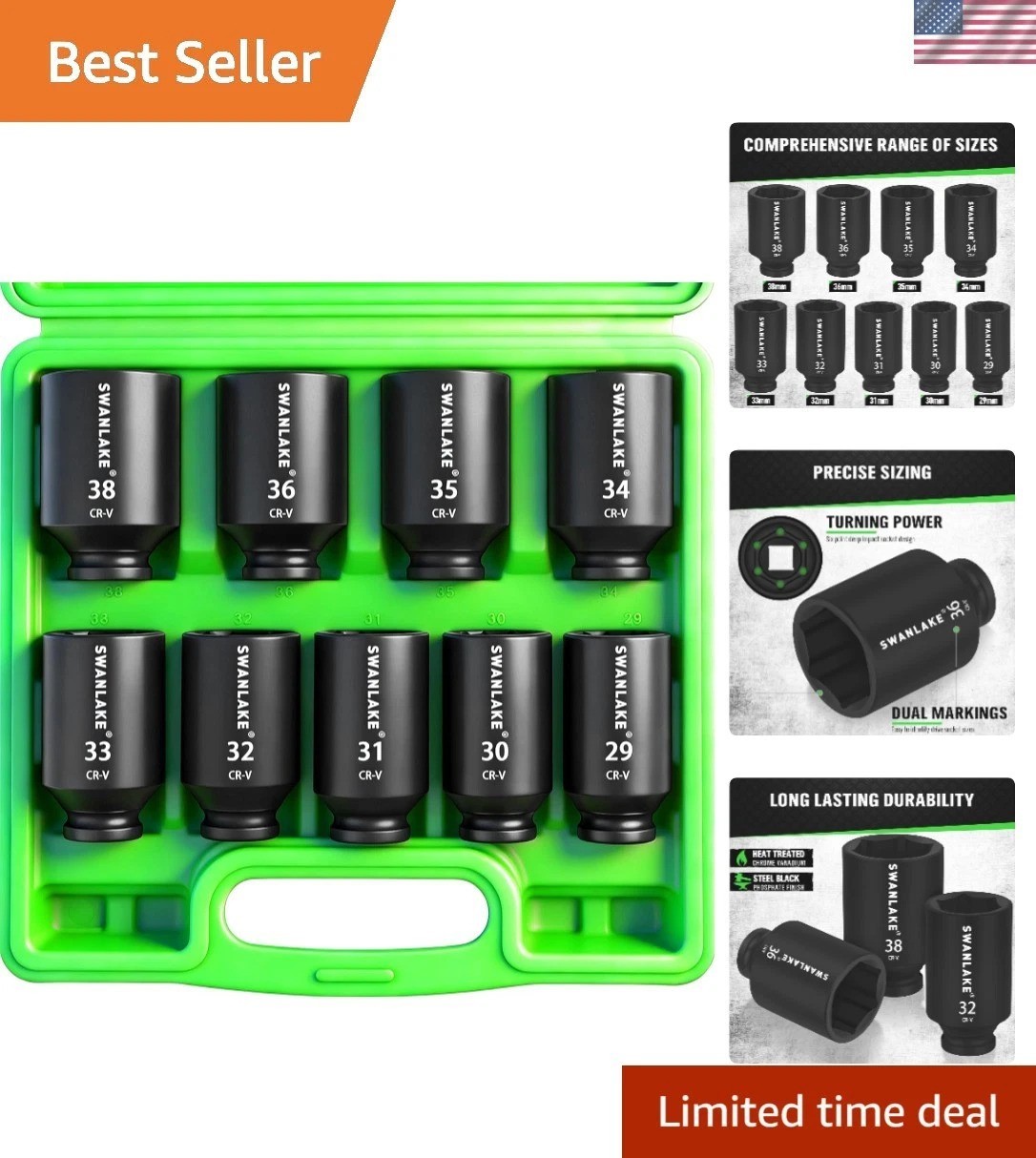 SWANLAKE 9-Piece 1/2″ Impact Axle Nut Socket Set, Deep Metric Large Socket Se…