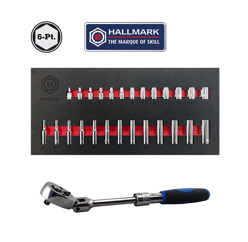 BRITOOL HALLMARK 1/4″D STANDARD & DEEP SOCKET SET + FLEX HEAD EXTENDING RATCHET