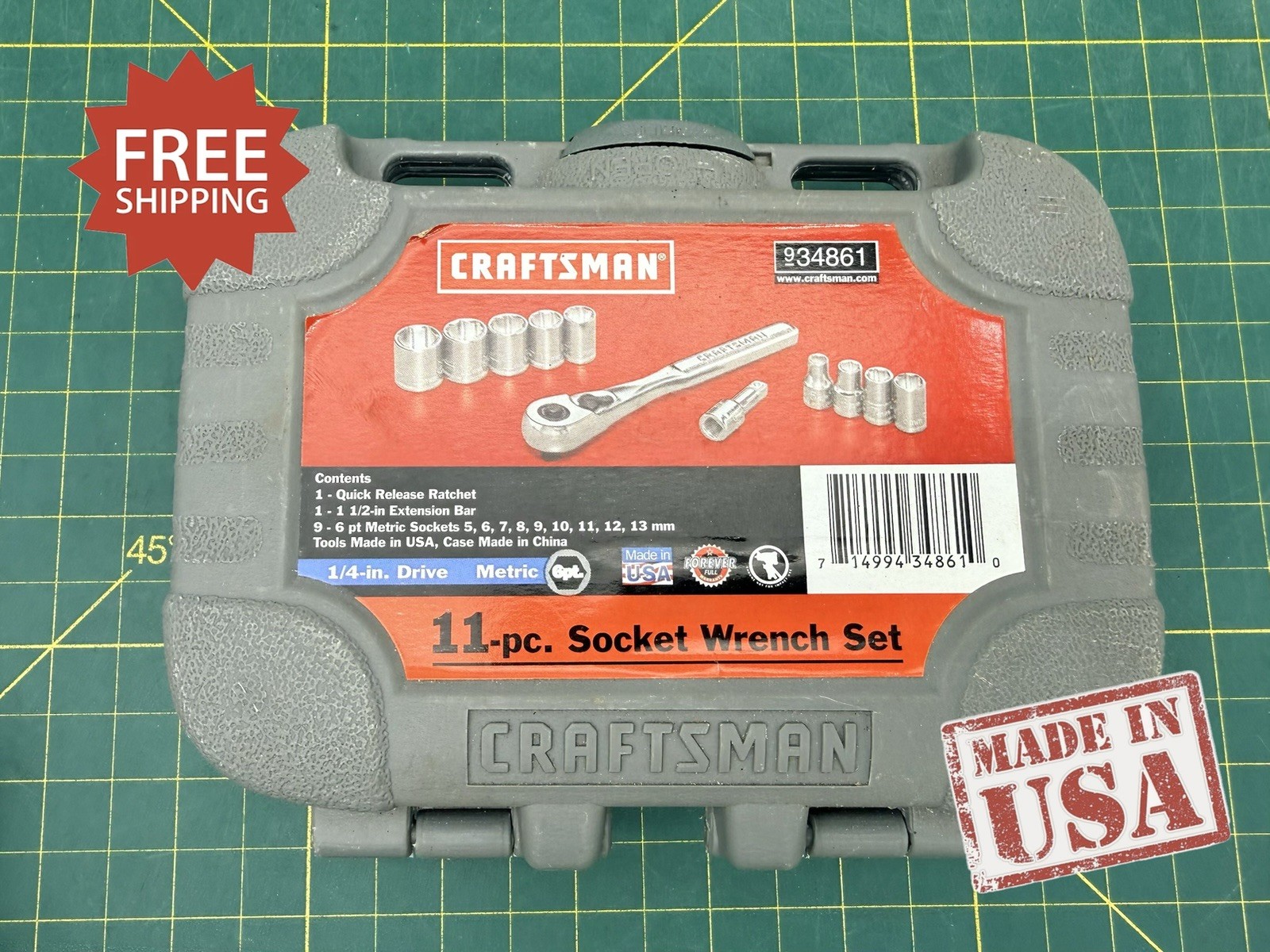 SEARS Craftsman USA 11Pc. 1/4” Metric 5mm-13mm 6Pt. Socket Ratchet Set 34861 NEW