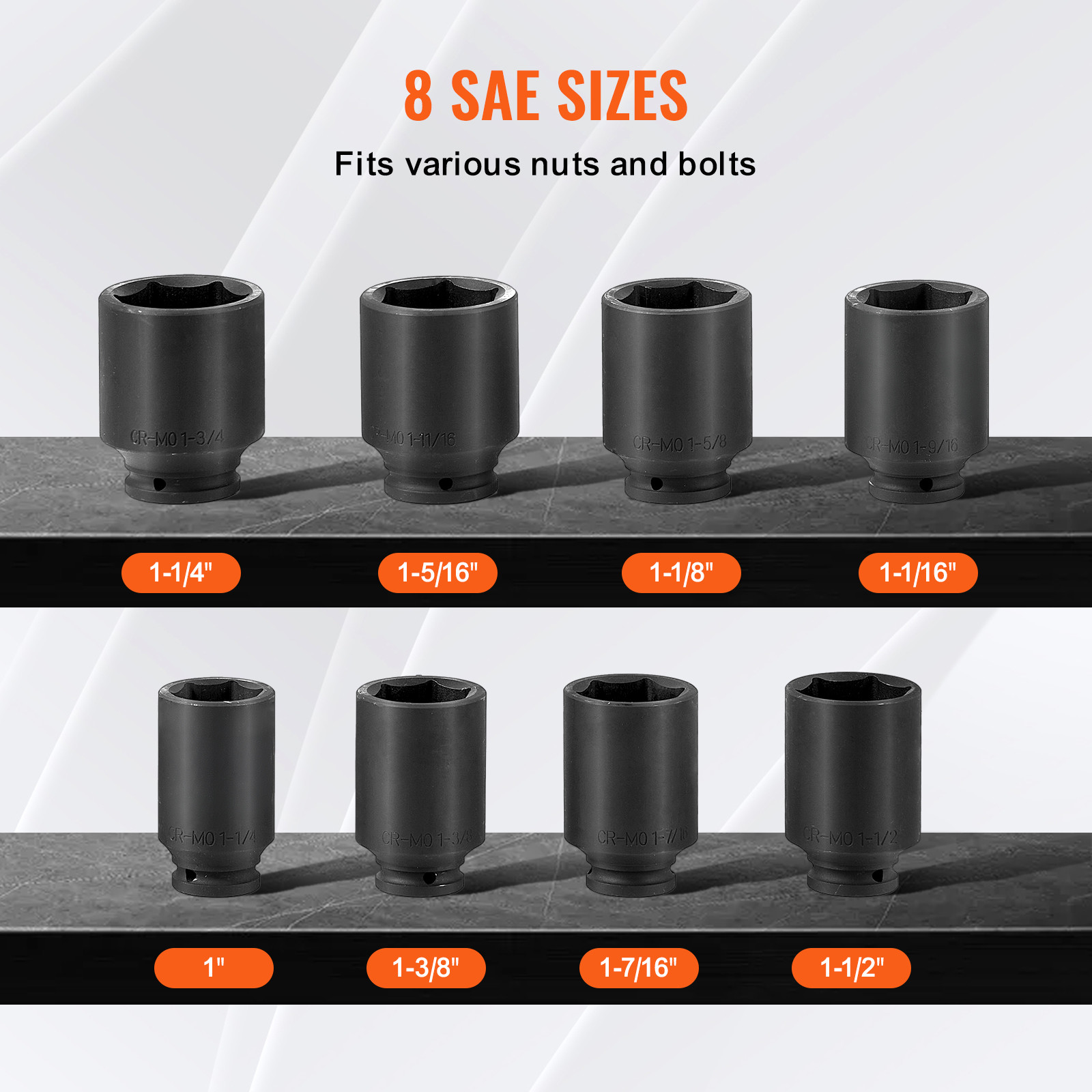 VEVOR Axle Nut Impact Socket Set 3/4″ Deep Drive 6-Point 8PCS SAE Spindle Socket