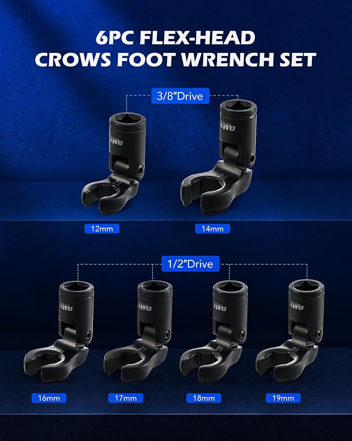 Orion Motor Tech Crows Foot Wrench Set, 6pc Flex 3/8″ and 1/2″ Drive, Black
