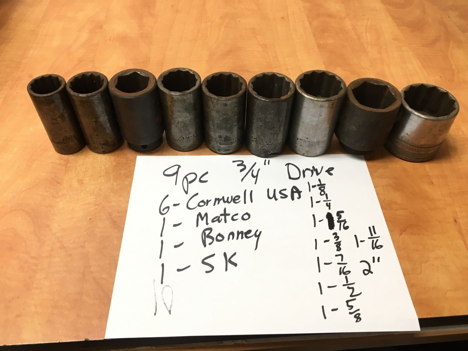 Vintage Cornwell USA S-K MATCO BONNEY Sockets 3/4″ Drive 1-1/8 to 2″ Lot of 9