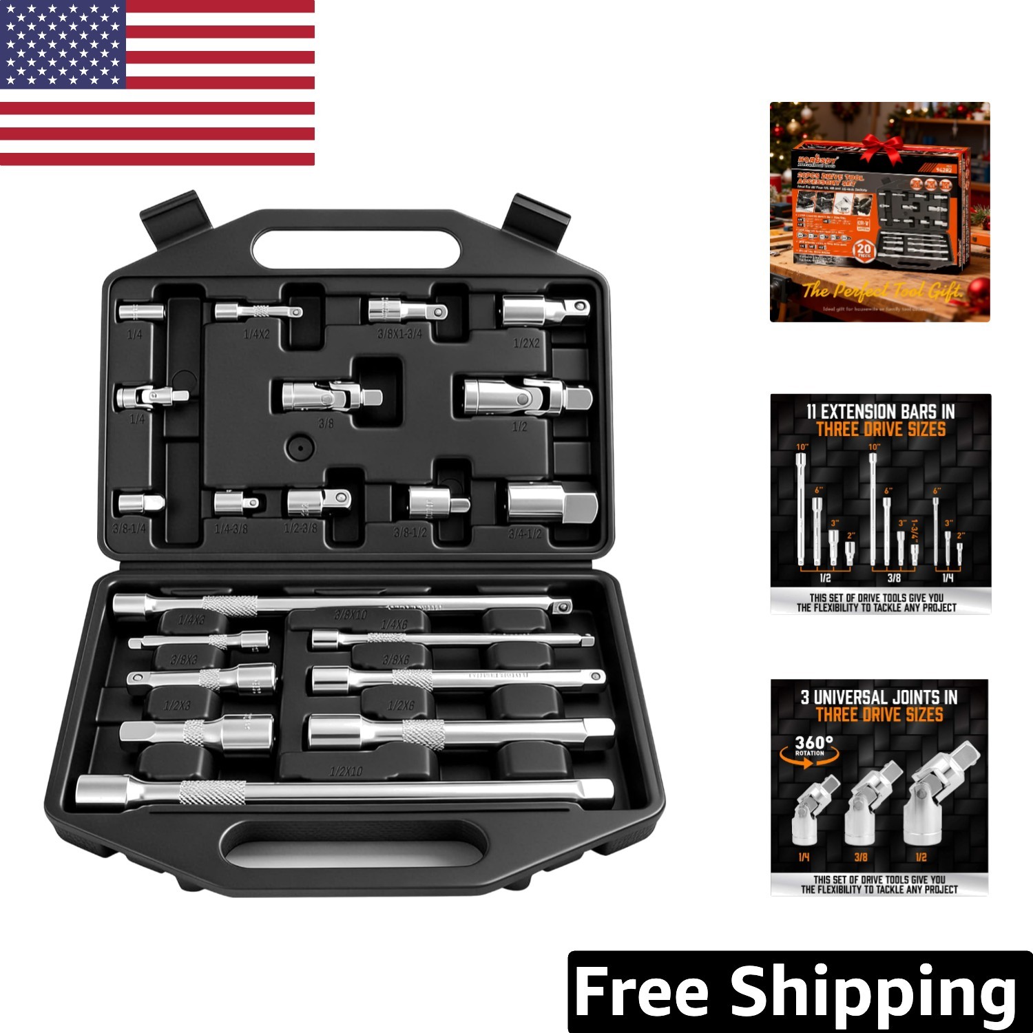 Versatile 20-Piece Drive Socket Extension Set – Easy to Use with High Visibility