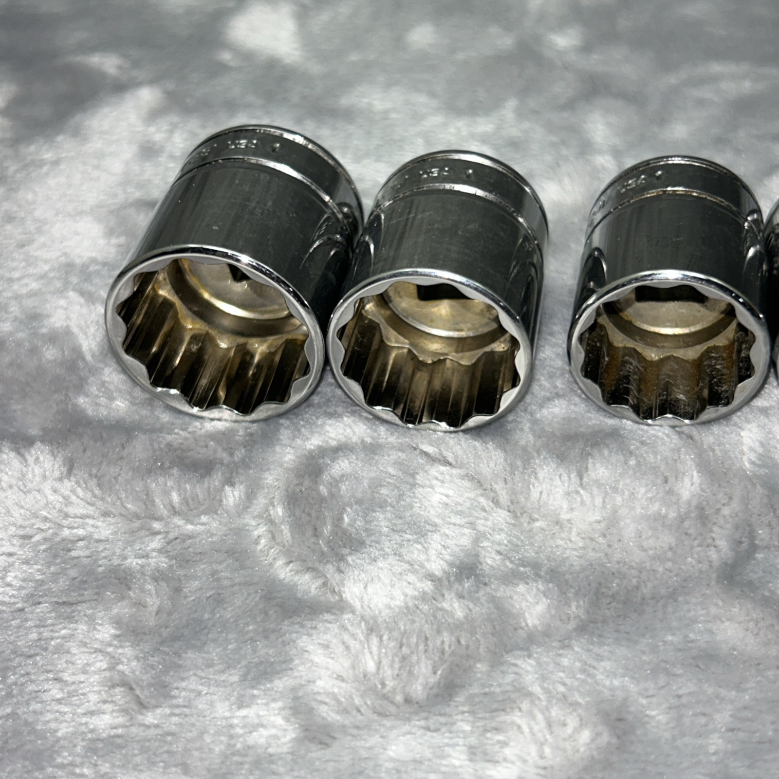 Snap On Tools 9pc Chrome 12pt. SAE Sockets 3/8″ Dr. F1 And F2 7/8-5/16 READ USA