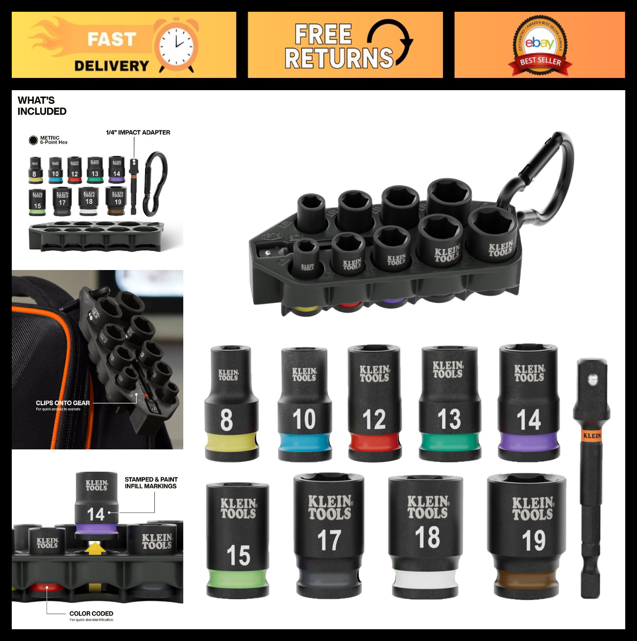 10-Piece Metric Impact Socket Set with Sleeve & Carabiner, 3/8″ Drive, Color-Cod