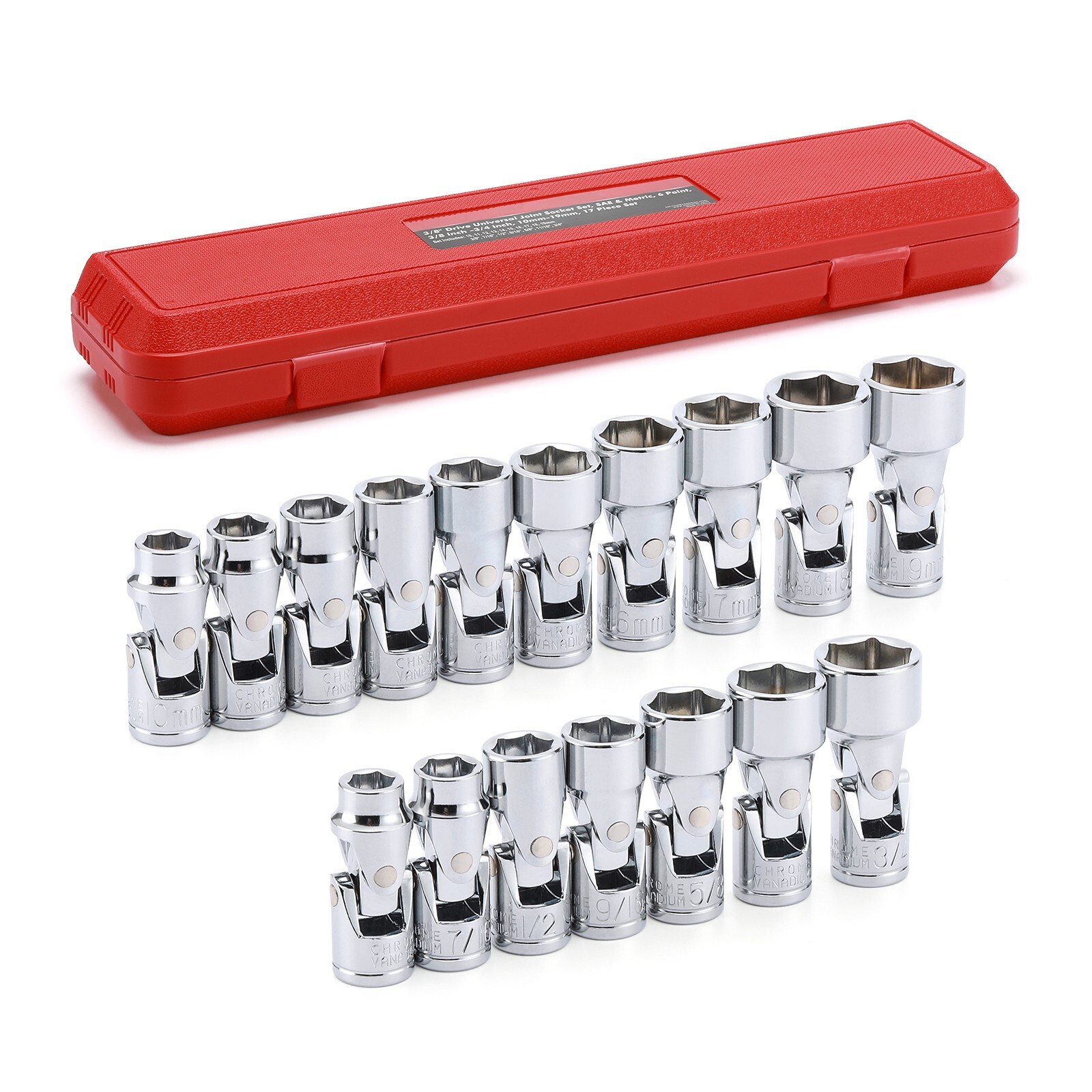 17PCS 3/8″ Drive SAE & Metric 6-Point Universal Flex Socket Set CR-V Swivel Head