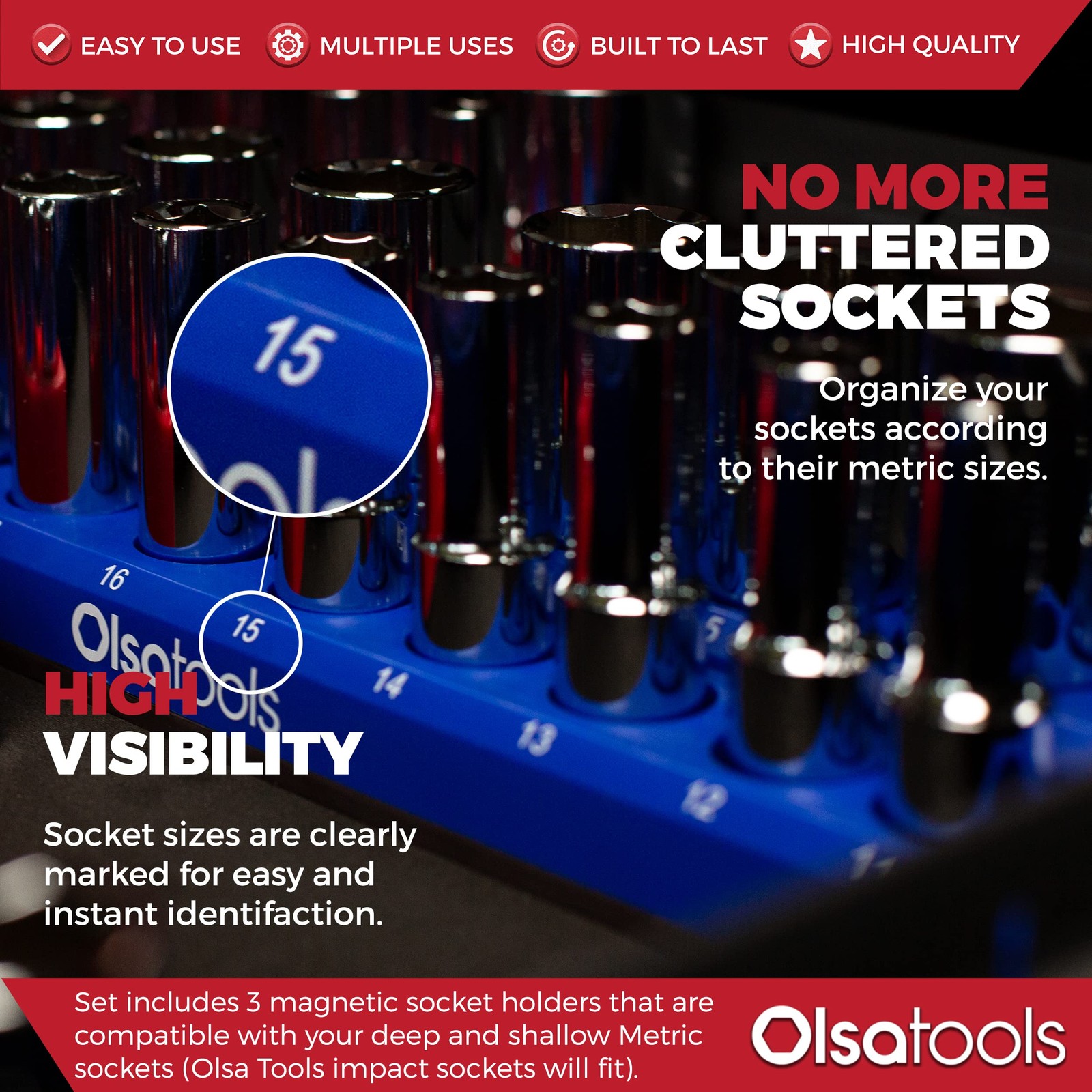 Olsa Tools 3 Piece Set – 1/4-Inch, 3/8-Inch, & 1/2-Inch Drive, Blue, Metric