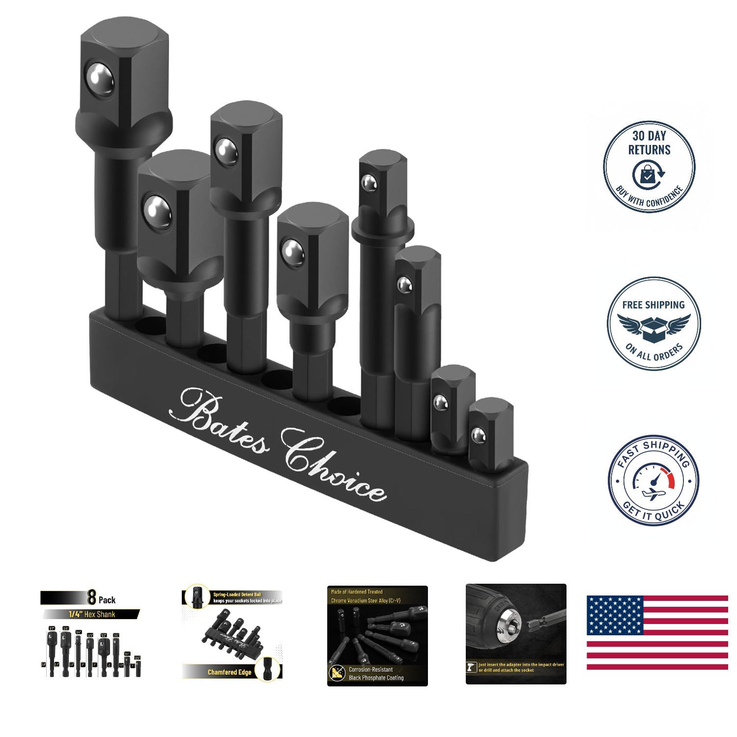 Versatile 8-Piece Impact Driver Socket Adapter Set – 1/4″, 3/8″, 1/2″ Sizes