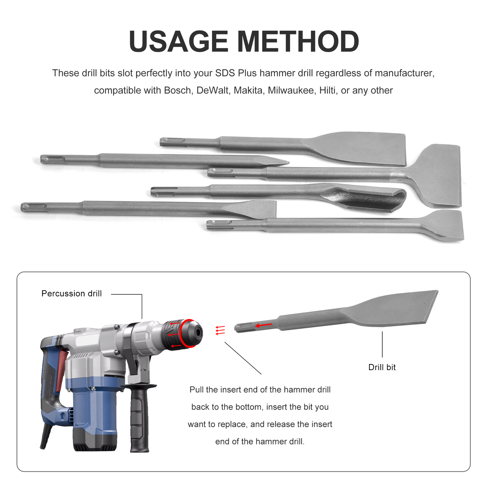 6 in 1 Chisel Kit Masonry Concrete Drill Bit Set 40Cr Steel Rotary Hammer Tools