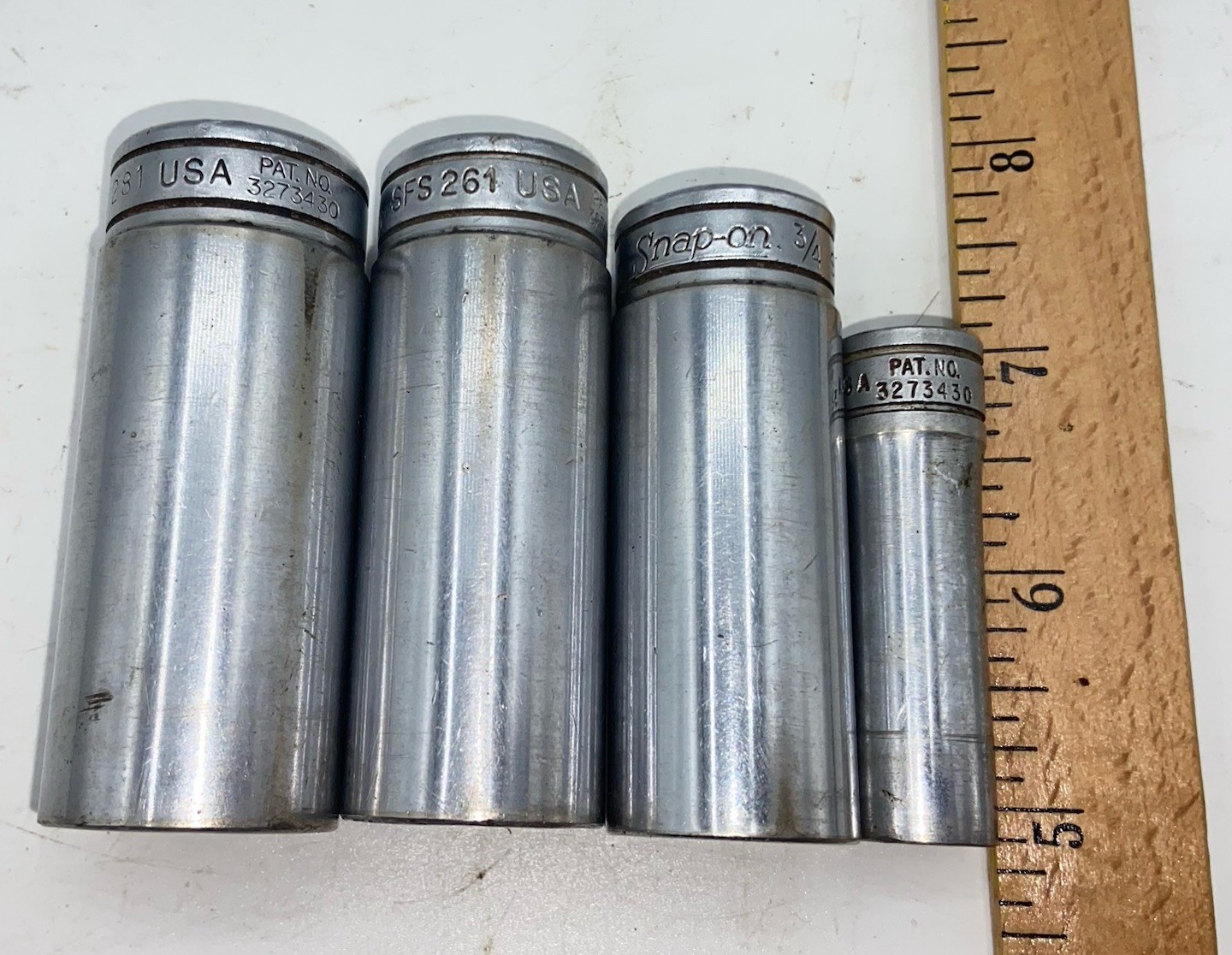 Snap-On 3/8″ Drive SAE Socket Deep Well 6 PT 4 pieces 7/16”, 7/8”, 3/4”, 13/16”