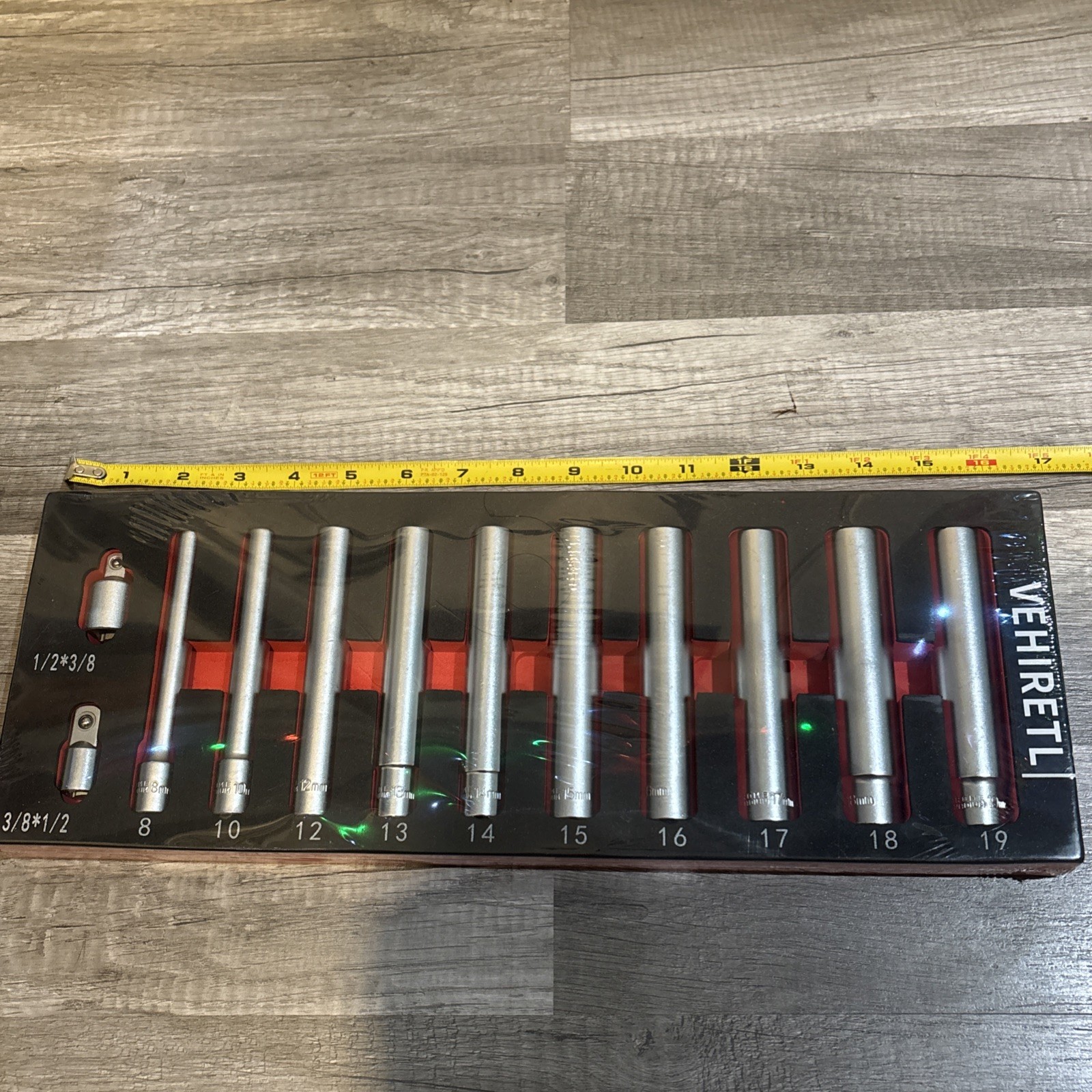 12pc 3/8″ dr, 12 Point 4.75″ Extra Long Deep Socket Set 8-19mm w/Adapters