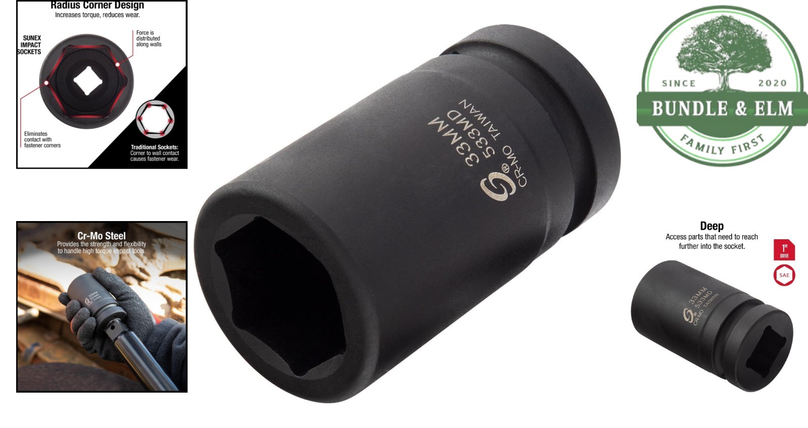 33mm Deep Impact Socket, 1 Inch Drive, Chrome Molybdenum Steel, Manganese Finish