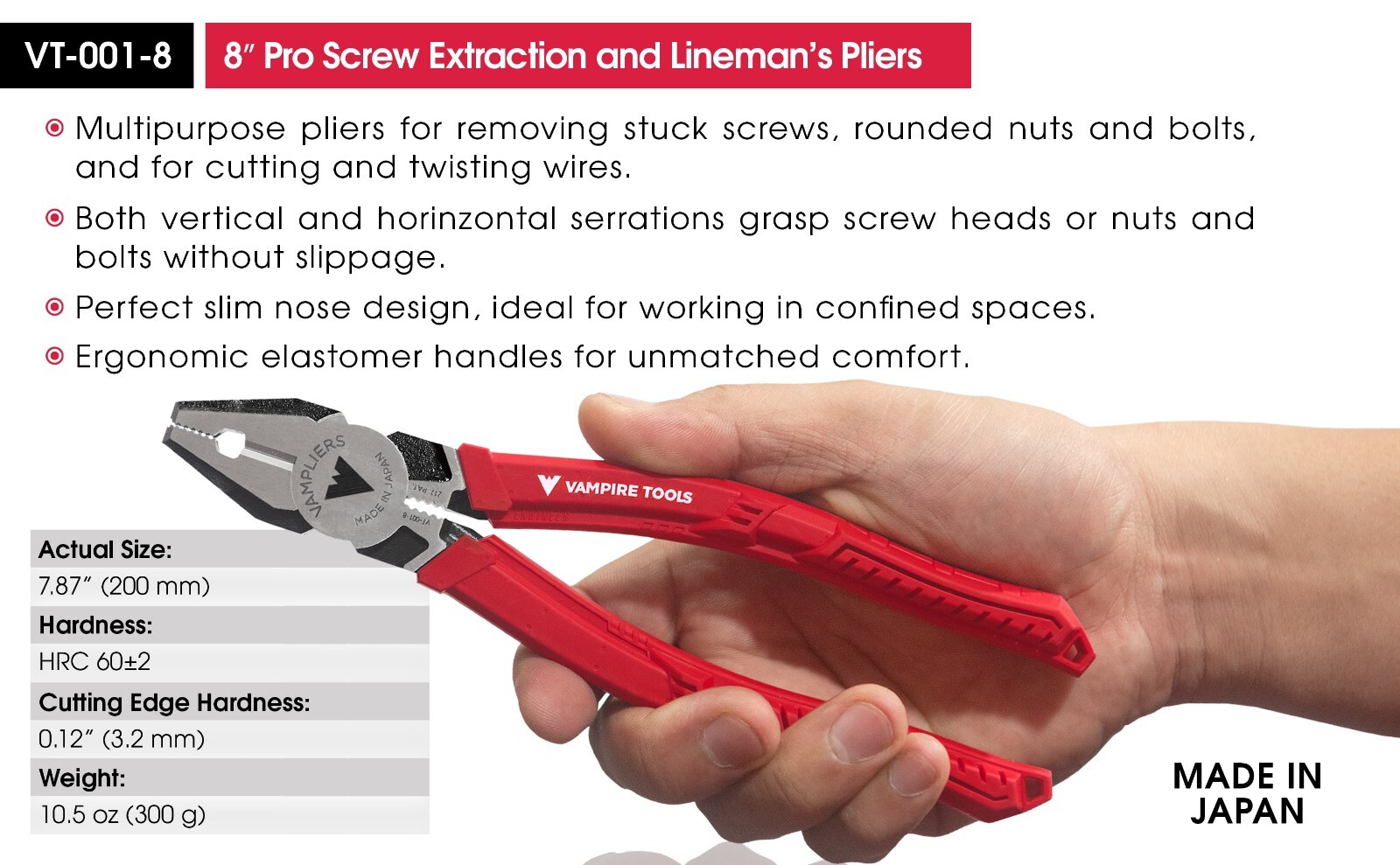 VAMPLIERS 8″ Heavy Duty Stripped Screw Removal Lineman’s Pliers Made in Japan