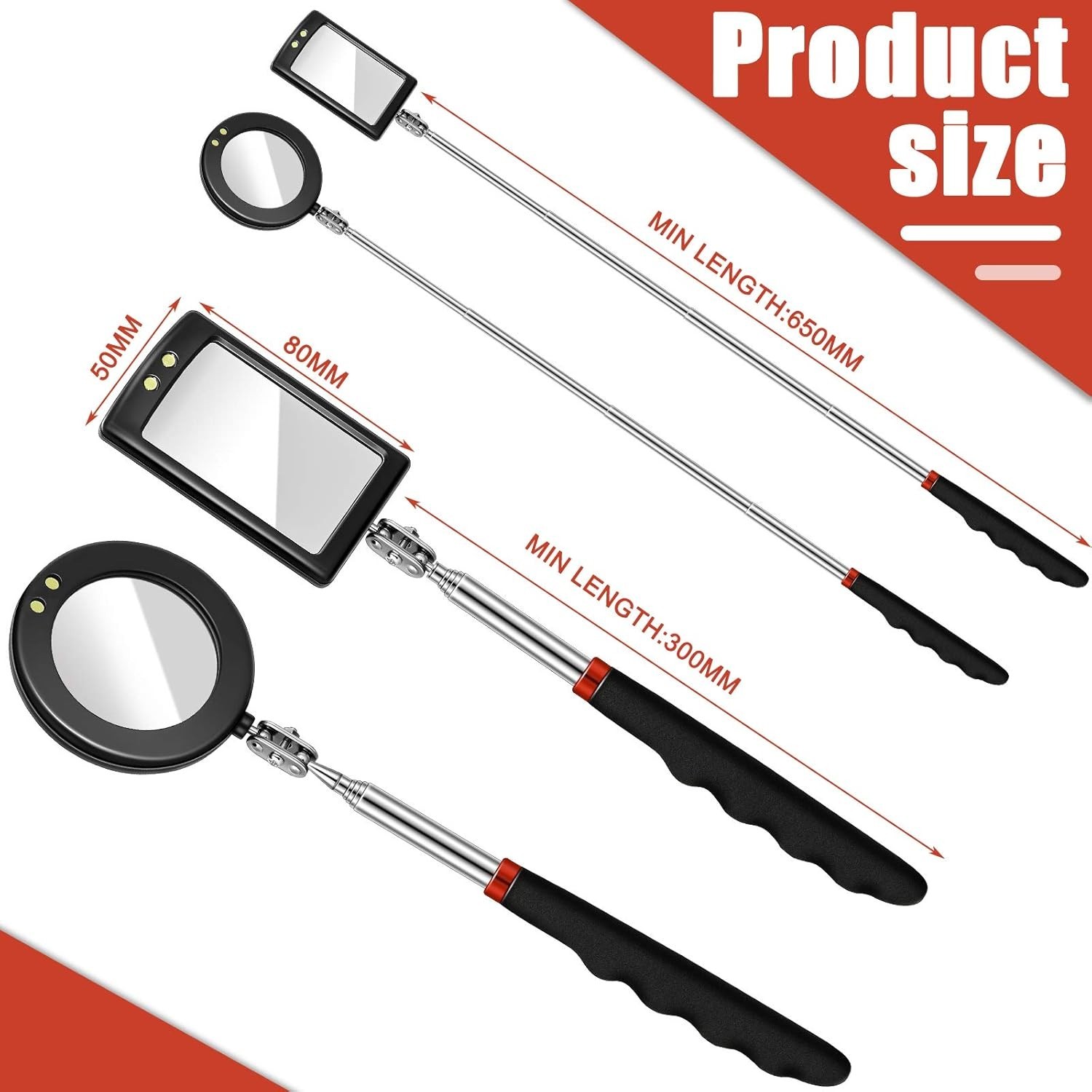 Compact 2-Piece Telescoping Inspection Mirrors with LED for Nighttime Visibility