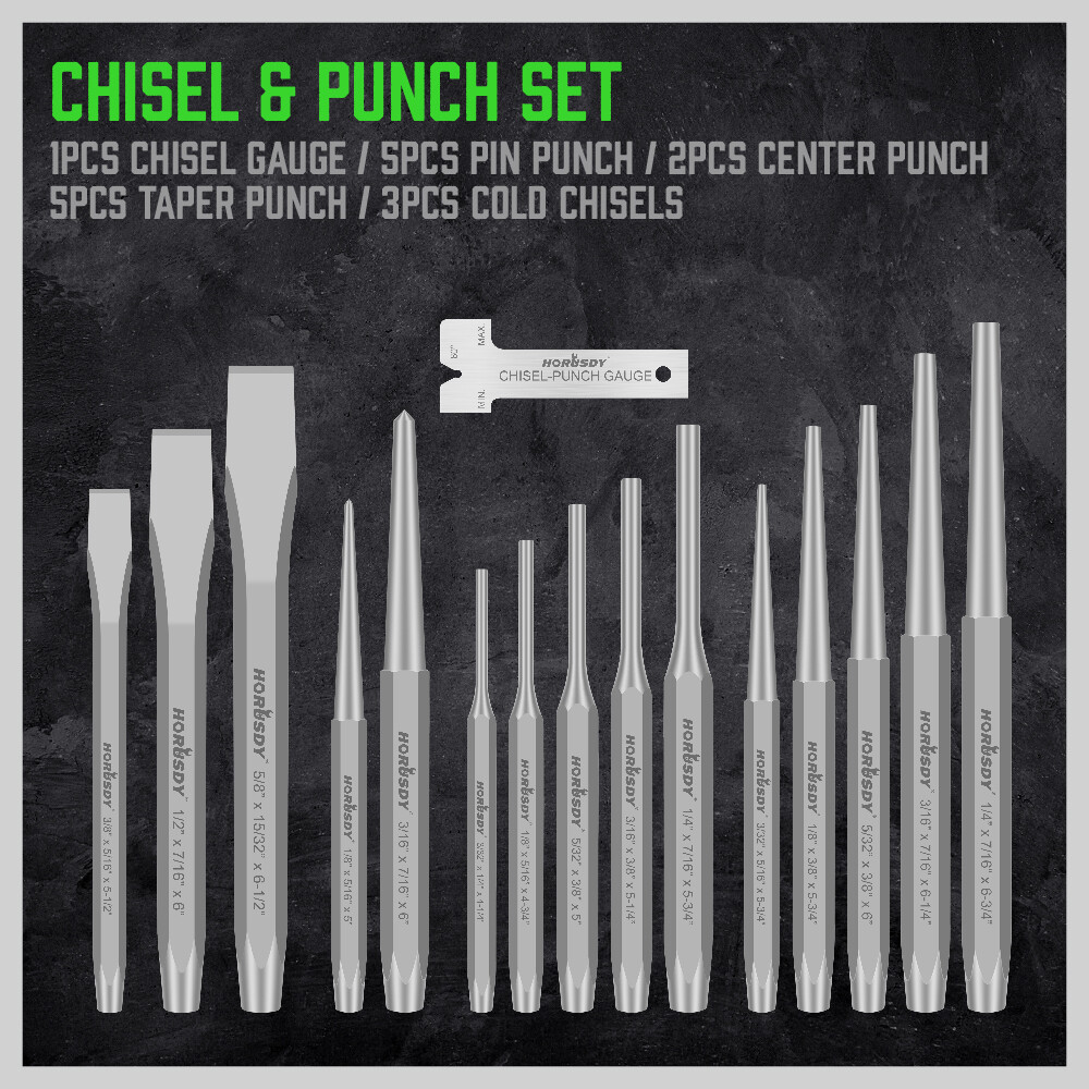 16Pc Punch & Cold Chisel Set Pin Tapered Center Punches + Gauge With Roll Pouch