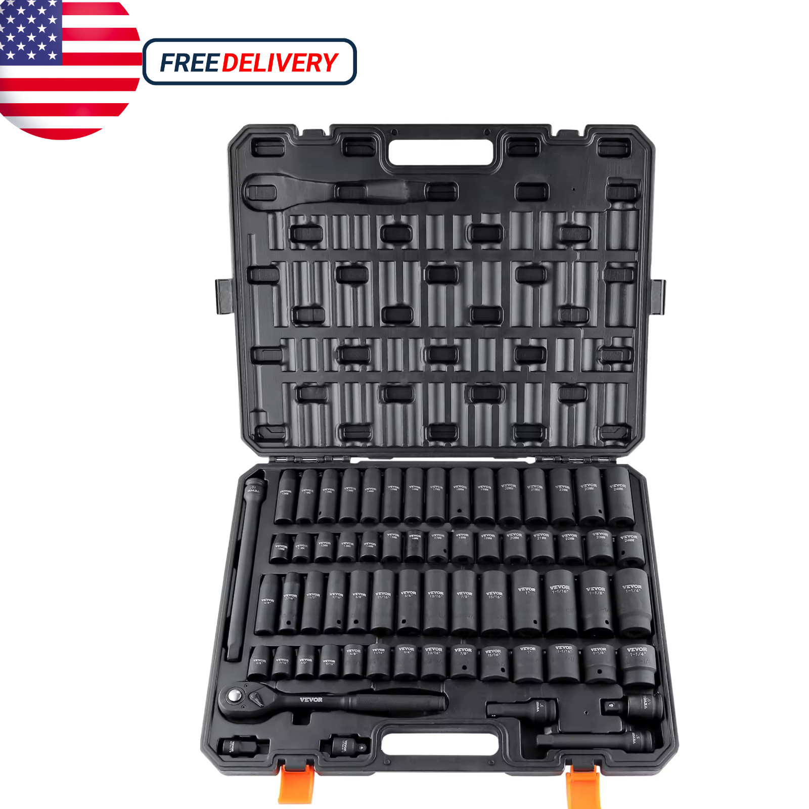 65pc 1/2 In Drive Impact Socket Set 6 Point Mechanics Tool Kit With Case