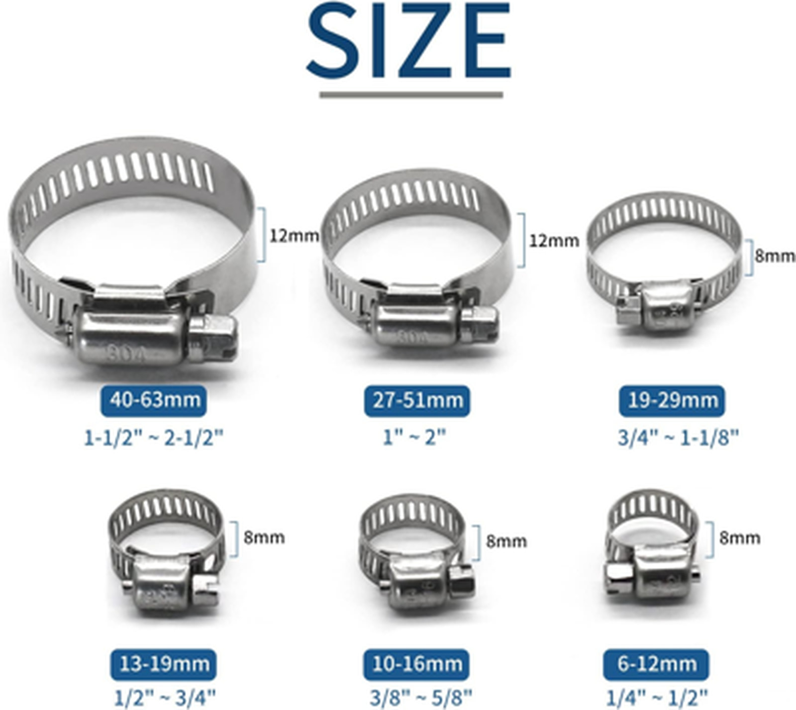 10 Pack Stainless Steel Hose Clamps 1-1/2 to 2-1/2 Inch Worm Gear Pipe Fuel Line