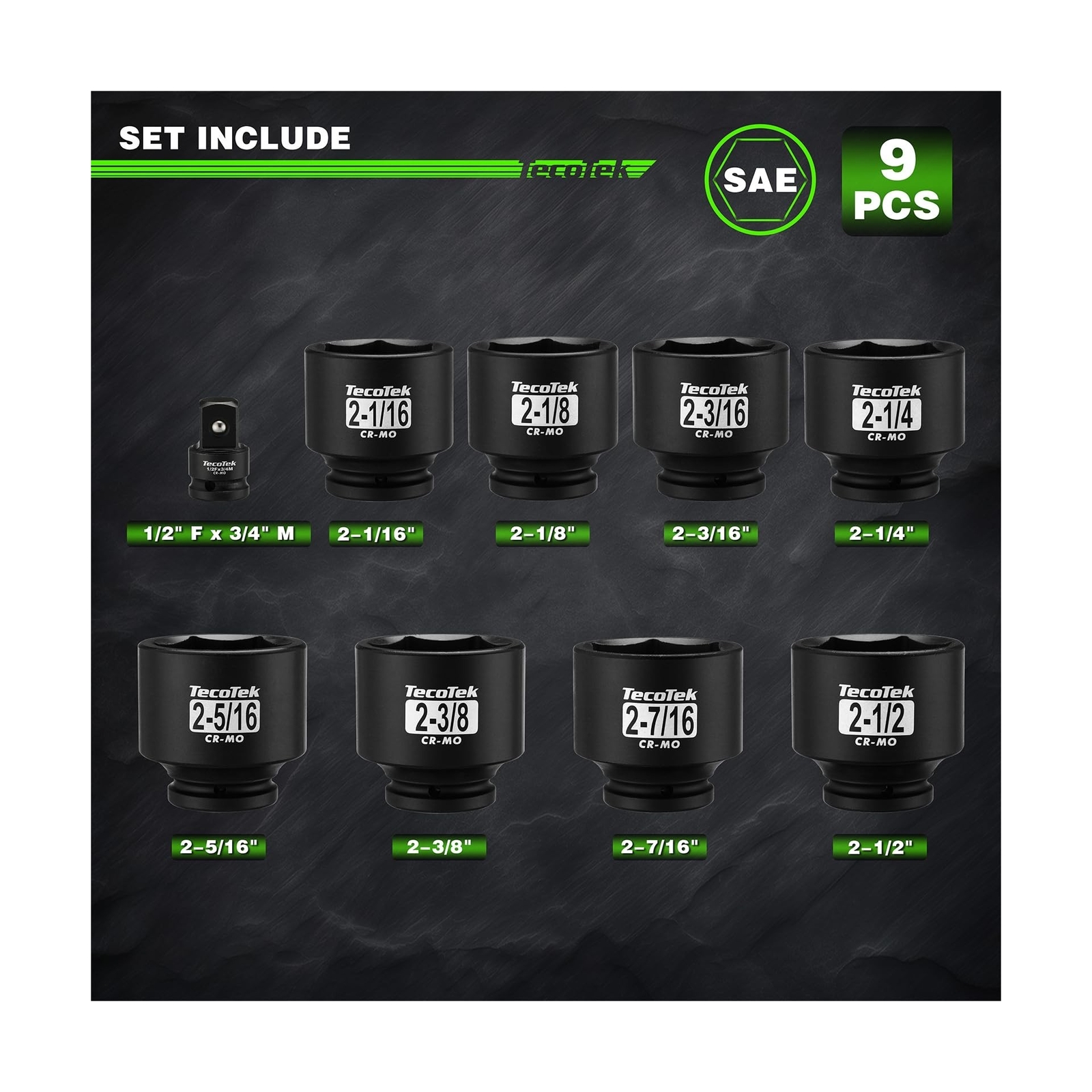 3/4″ Drive 6-Point Impact Socket Set, 9-Piece Jumbo Assortment, Cr-Mo, SAE, 2…