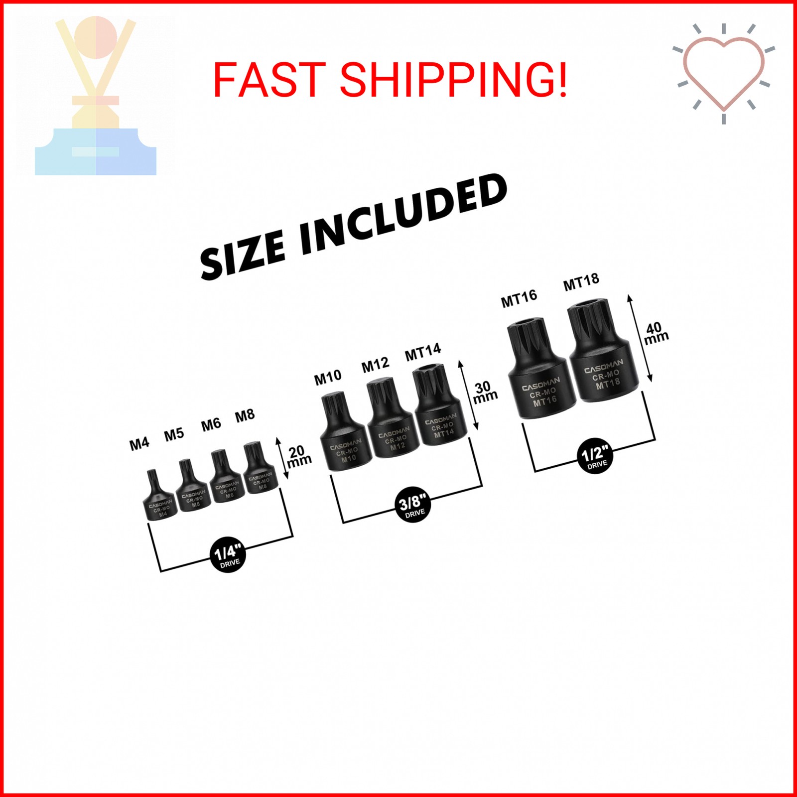 CASOMAN 9-Piece Low Profile Impact Triple Square Bit Socket Set, Includes Storag