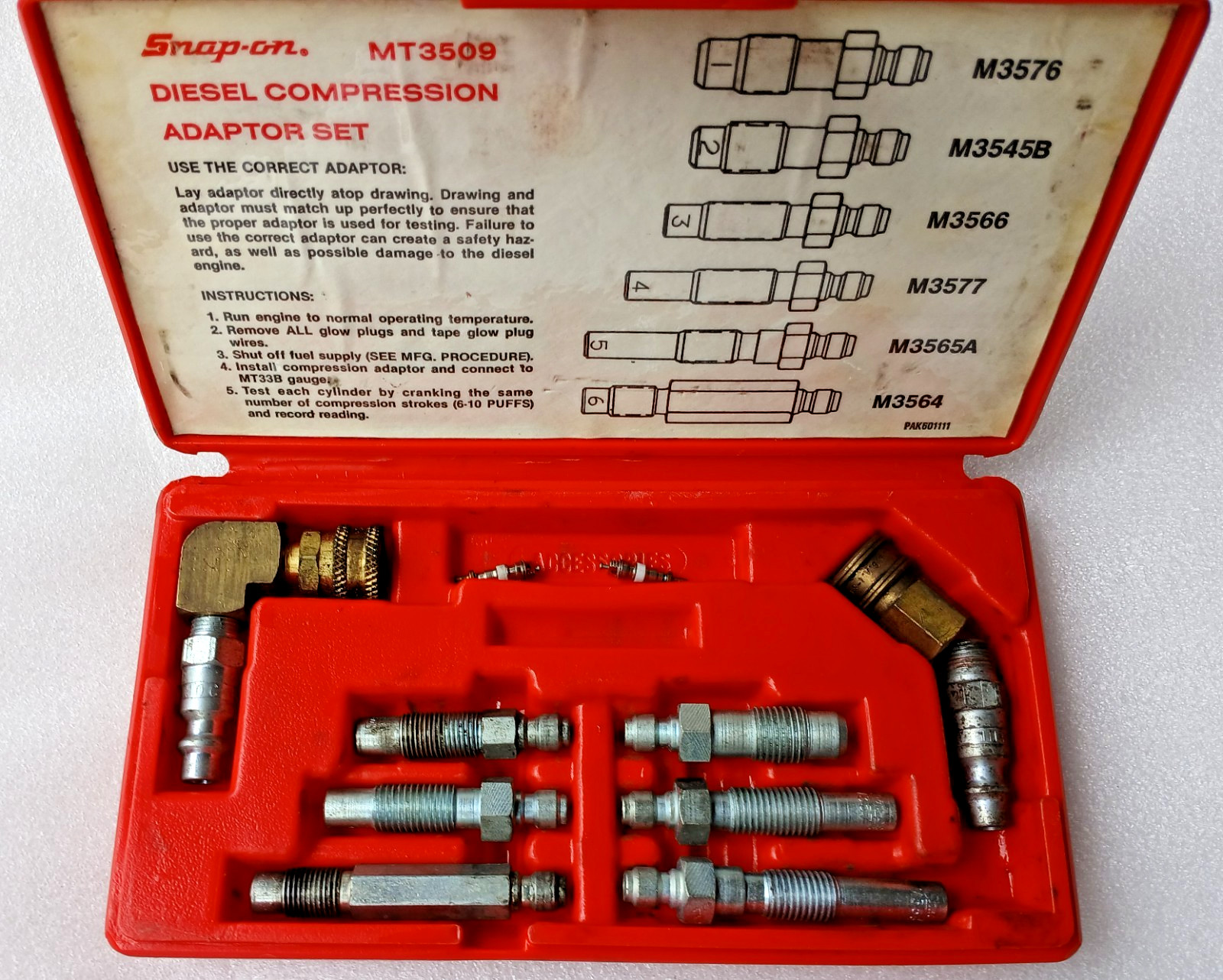 Snap On MT3509 Diesel Compression Adaptor Set see description