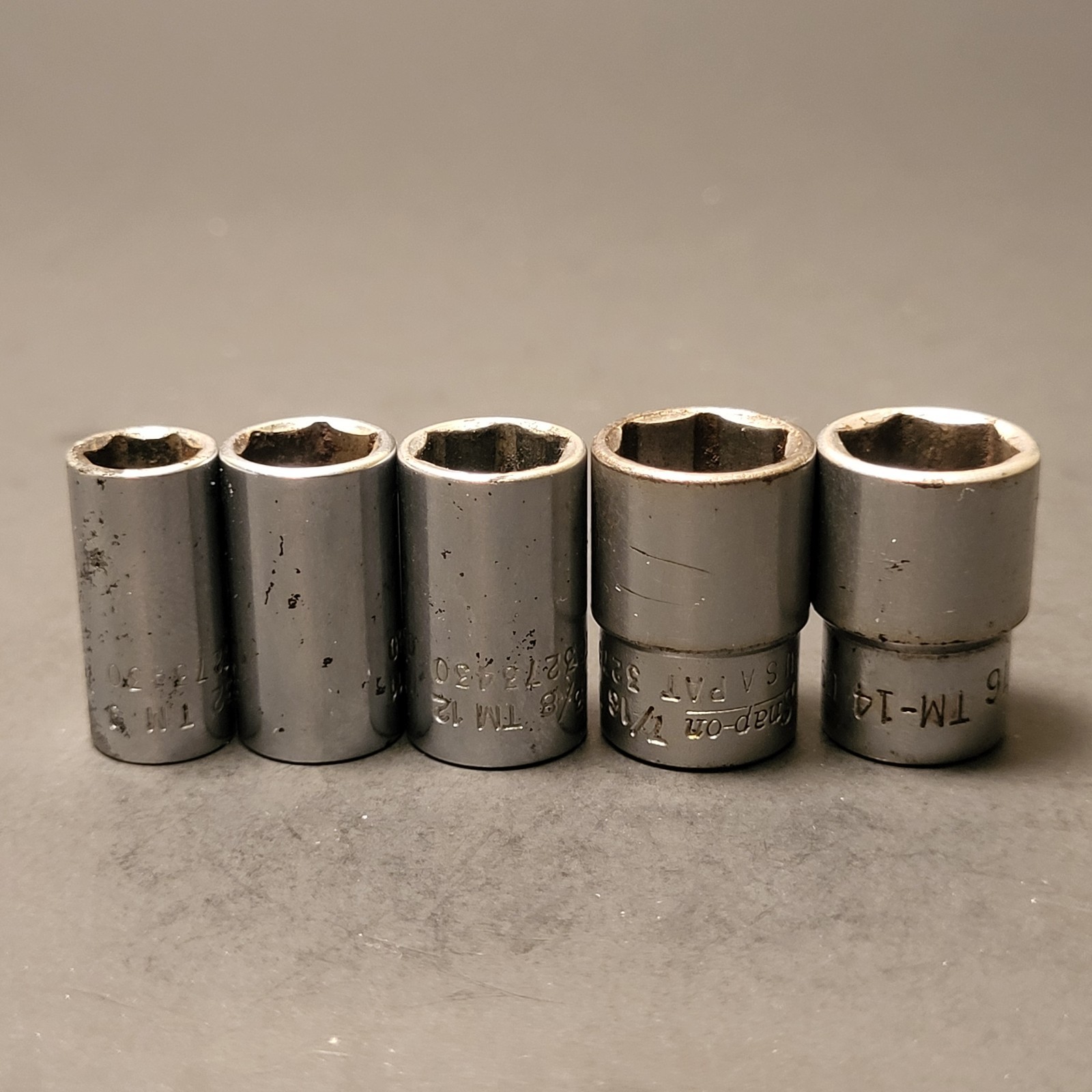 Snap On 5 piece 1/4” drive sockets 6 point 7/16” 14mm 3/8” 11/32” 9/32”