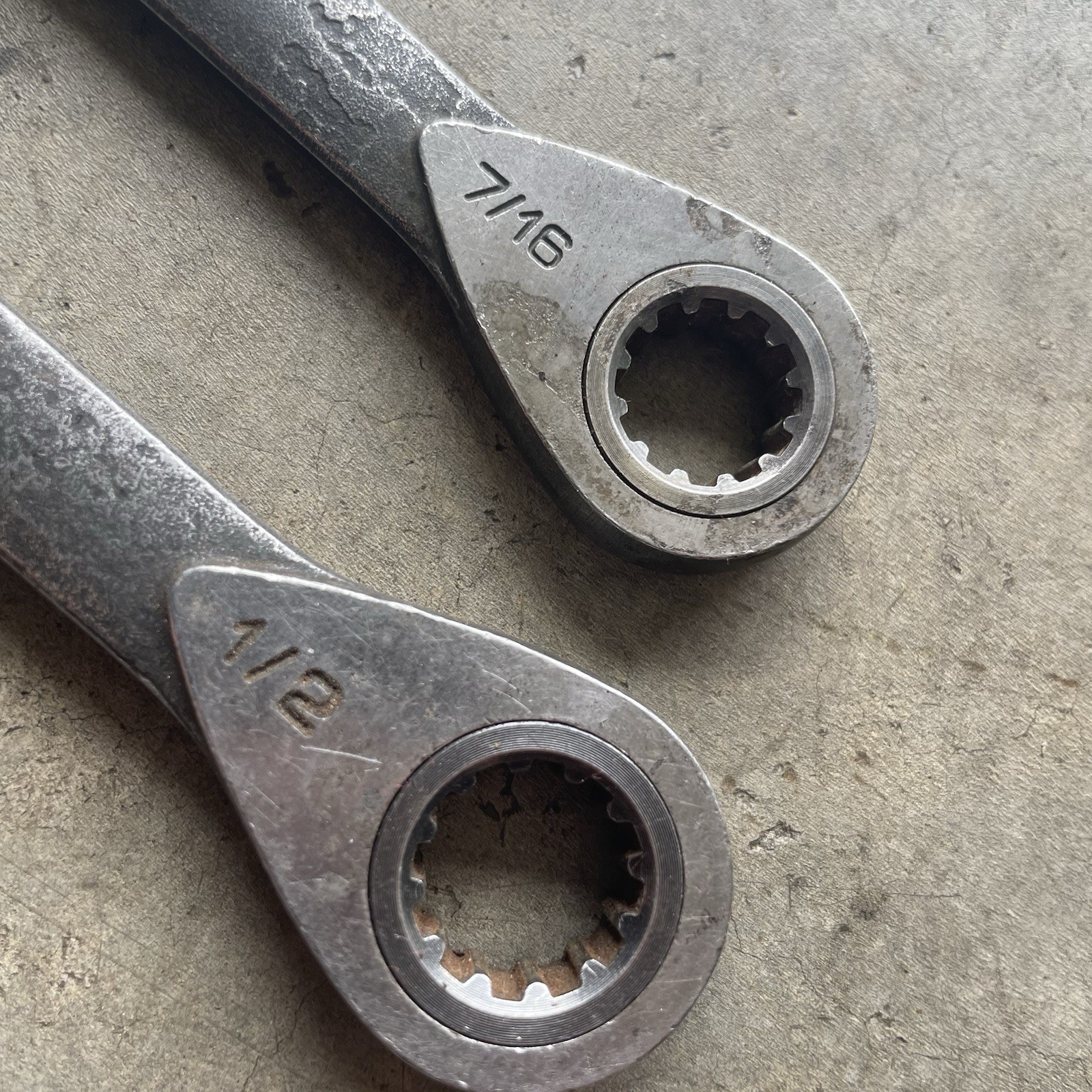 Lot of 2 Craftsman Ratcheting Combination Wrenchs 12 Pt 20602, 20609 1/2″, 7/16″