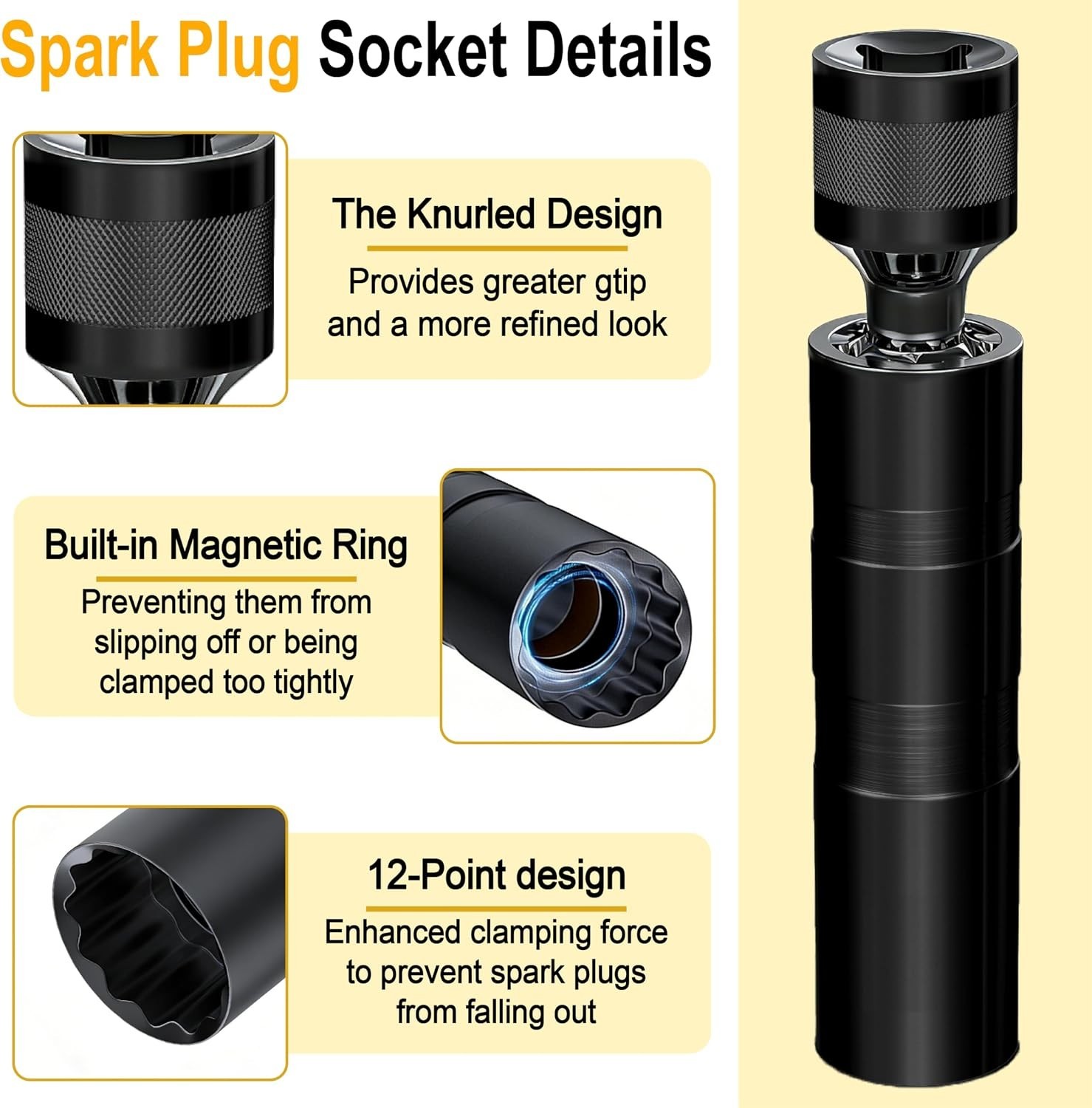 High-Performance 16mm Spark Plug Socket with 12-Point Design – Black Finish