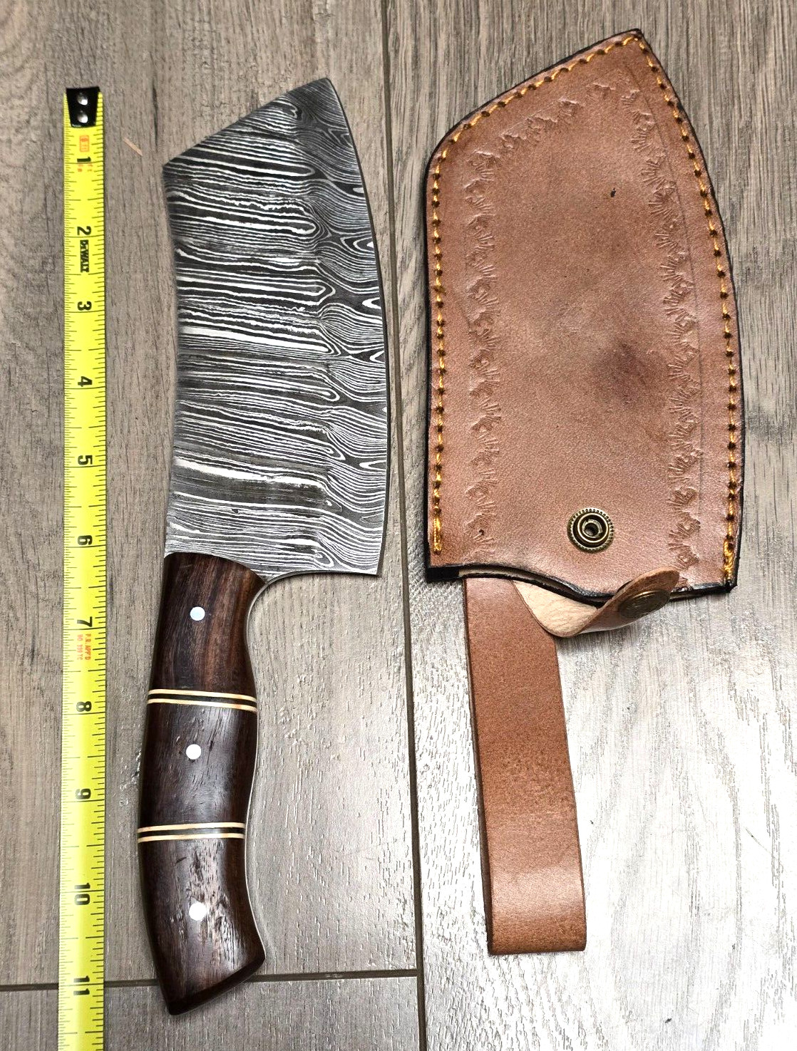 11.5″ Custom Damascus Clever Knife w/Sheath & Full Tang Blade, Great Gift!