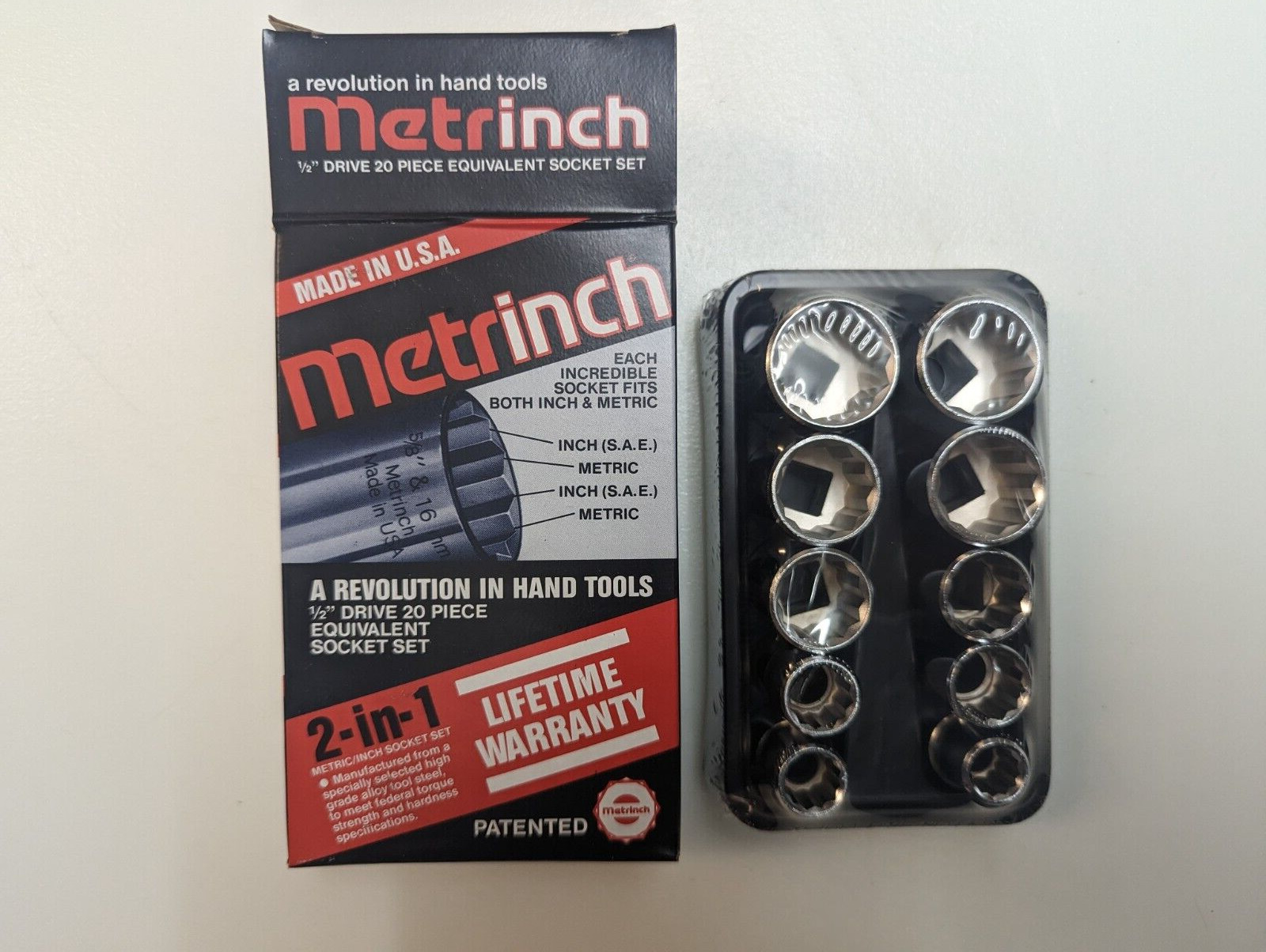Vintage NOS Original Metrinch USA 20 pc 1/2 3/8 Drive 12 Pt Socket Set Metric SA