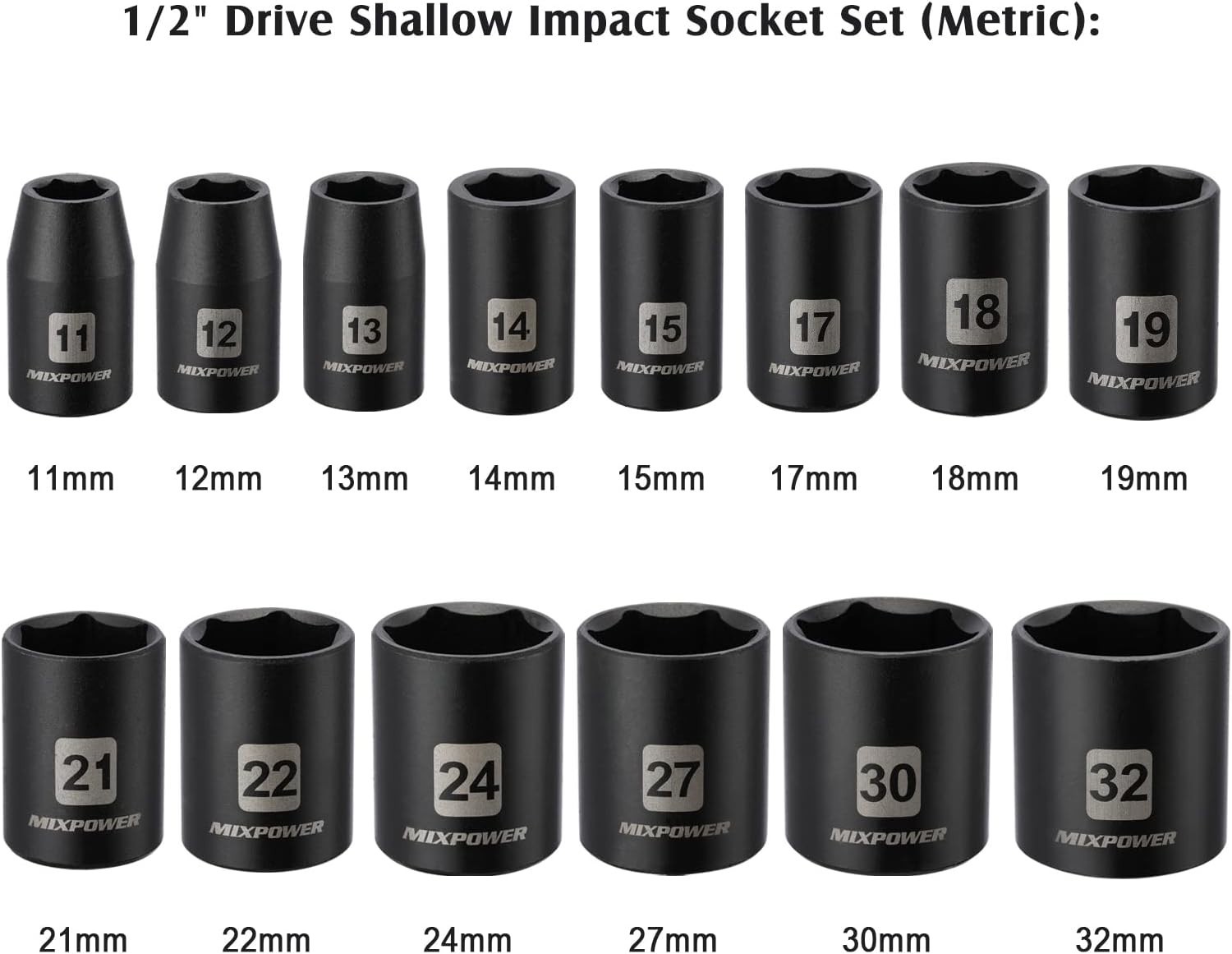 14 Pieces 1/2-Inch Drive Shallow Impact Socket Set, 11-32mm, CR-V, Metric, 6 …