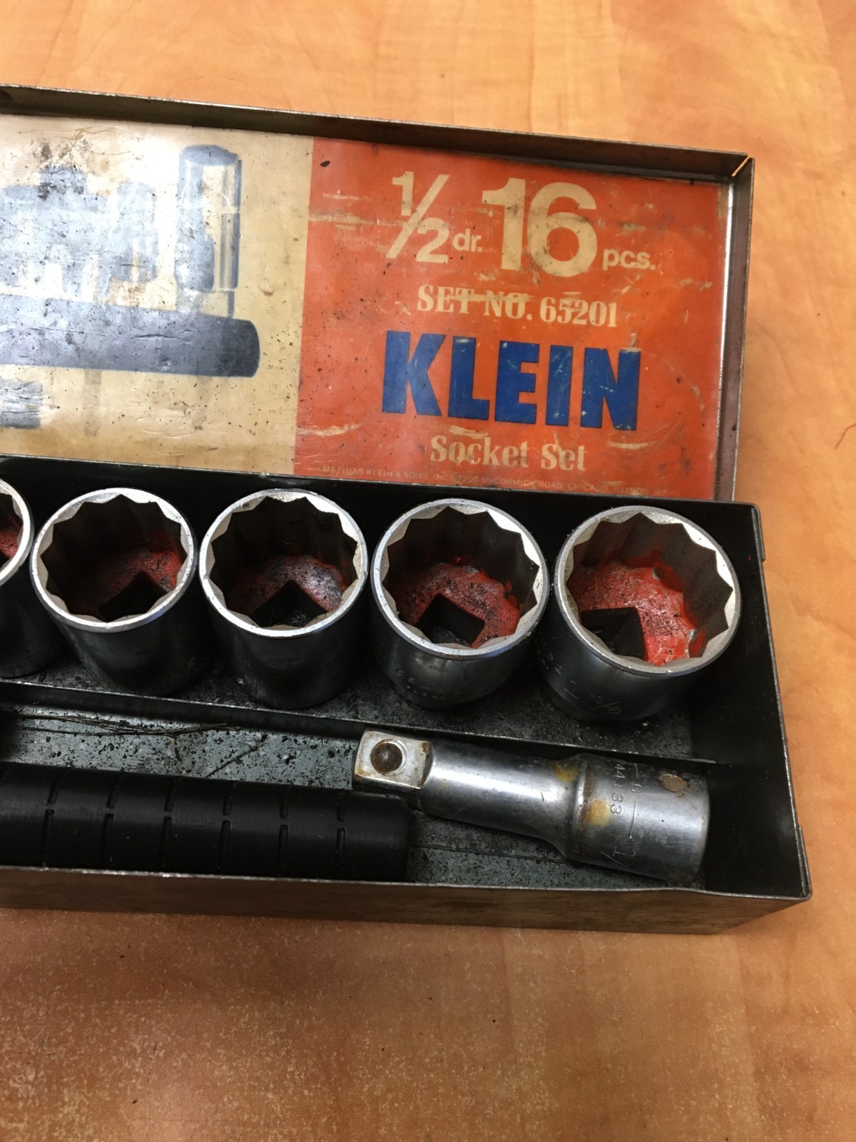 Vintage Klein 65201 1/2” Drive 16 Pc Socket Set 7/16” Thru 1-1/8” USA READ