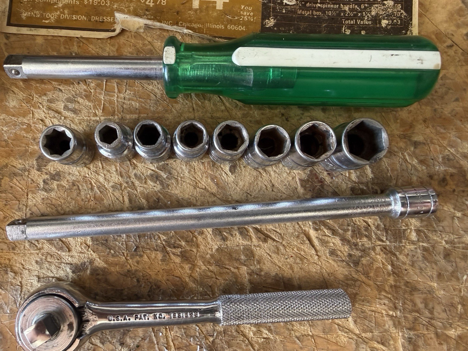 S-K Tools No. 4915 1/4” Drive Socket Set All S-K USA Green Spinner Handle