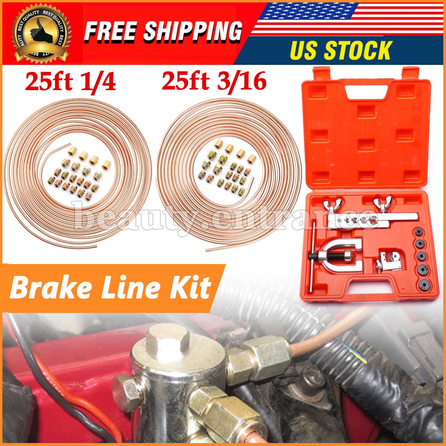 25ft 3/16 + 1/4 Copper Coated Brake Line Double Single Flaring Fittings Tool Kit