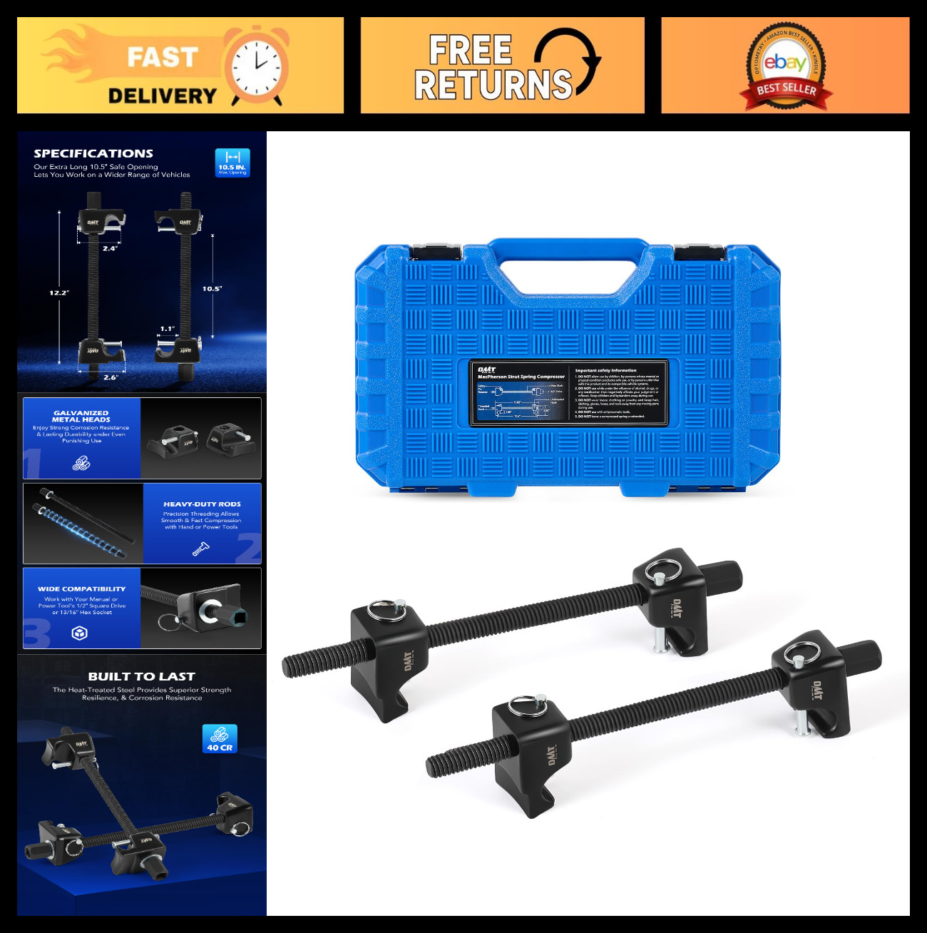 Heavy Duty Macpherson Strut Spring Compressor Tool Set, 10.5″ Range, 2pc