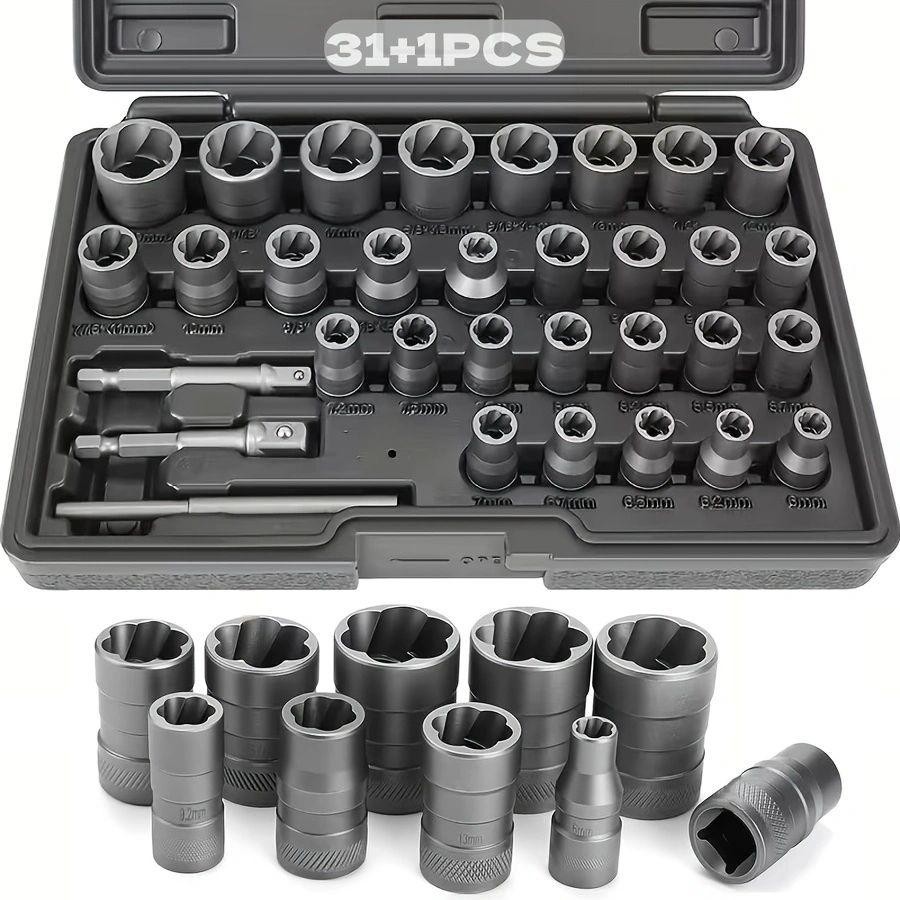 31+1pcs Stripped Bolt Extractor Socket Set, Designed for Removing Damaged, Ruste