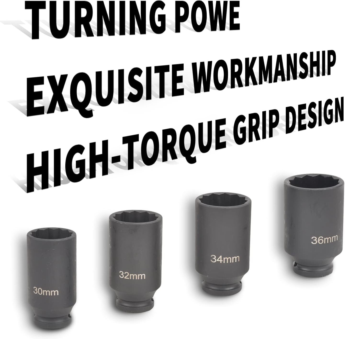 4Pcs 1/2″ Drive Deep Impact Socket Set 12 Point Metric 30mm 32mm 34mm 36mm Drive