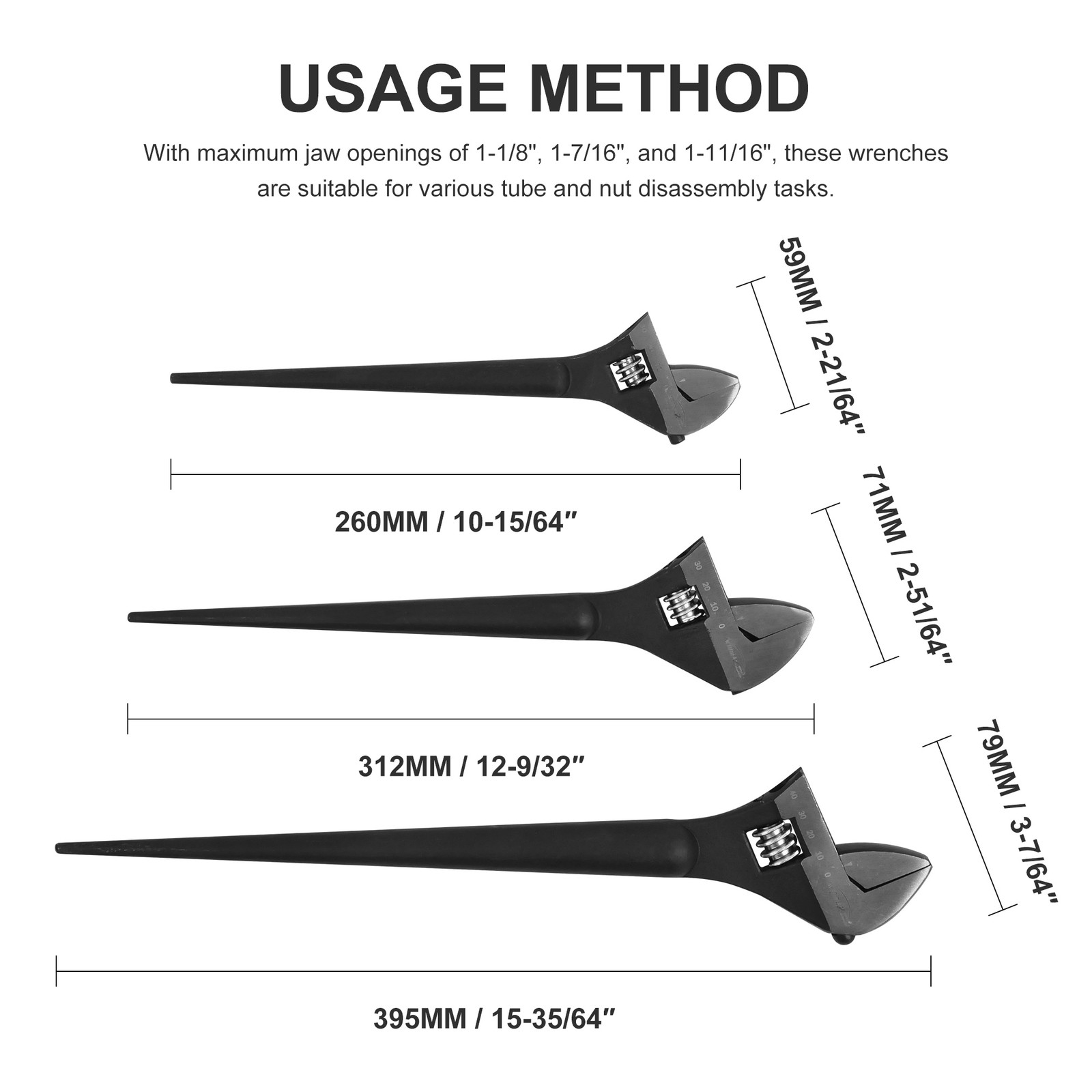 10″ 12″ 16″Adjustable Construction Spud Wrench Set SAE &Metric Scale Marked 3pcs