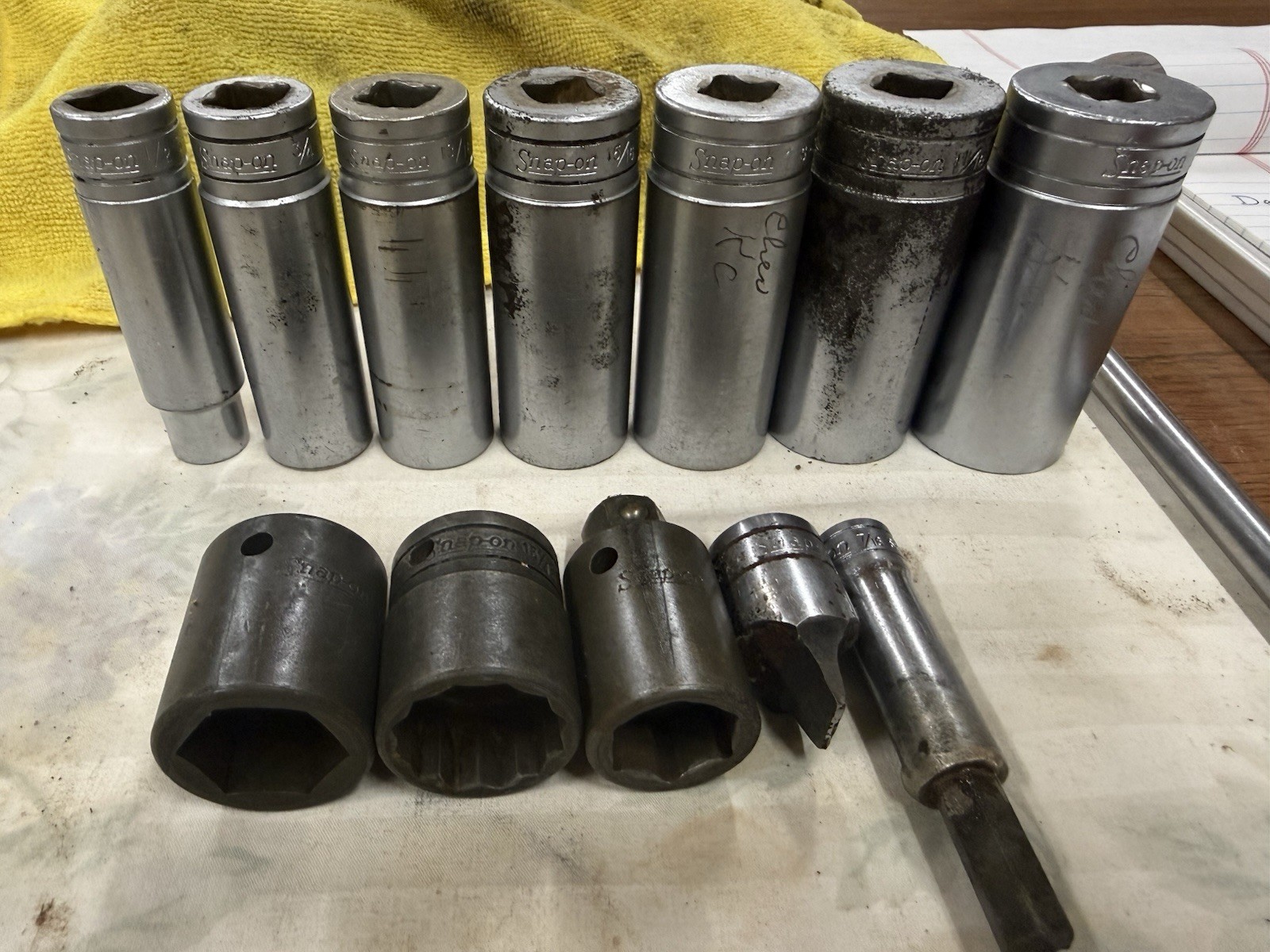 Snap On 12 Sockets ,One Extension. 7 Deep.1/2” Drive. 3- 1/2” Impact, 11” Ext.