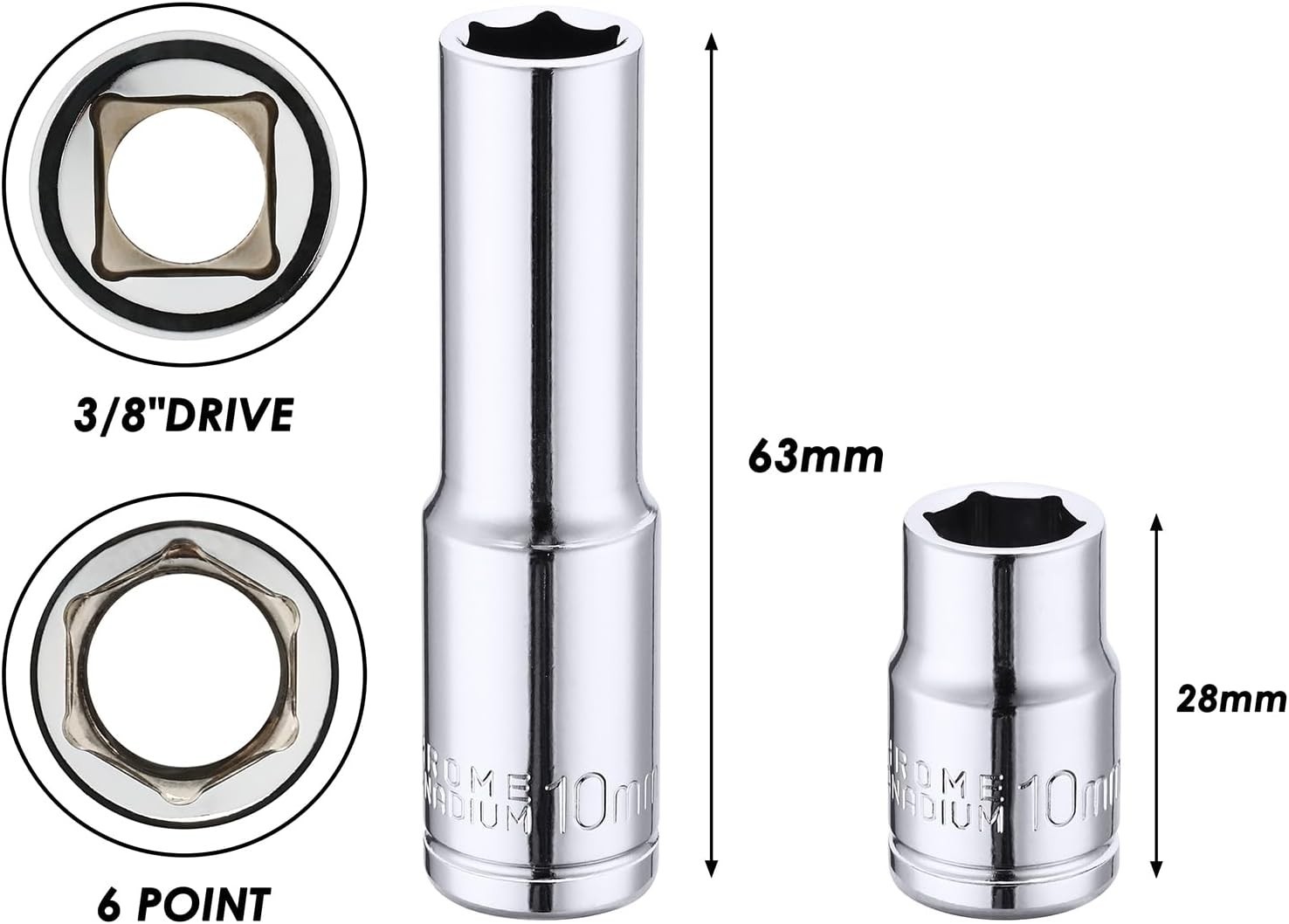 4PCS 1/4″& 3/8″ Drive 10mm Deep&Shallow Socket Set, 6 Point, Cr-V Steel, Mirr…