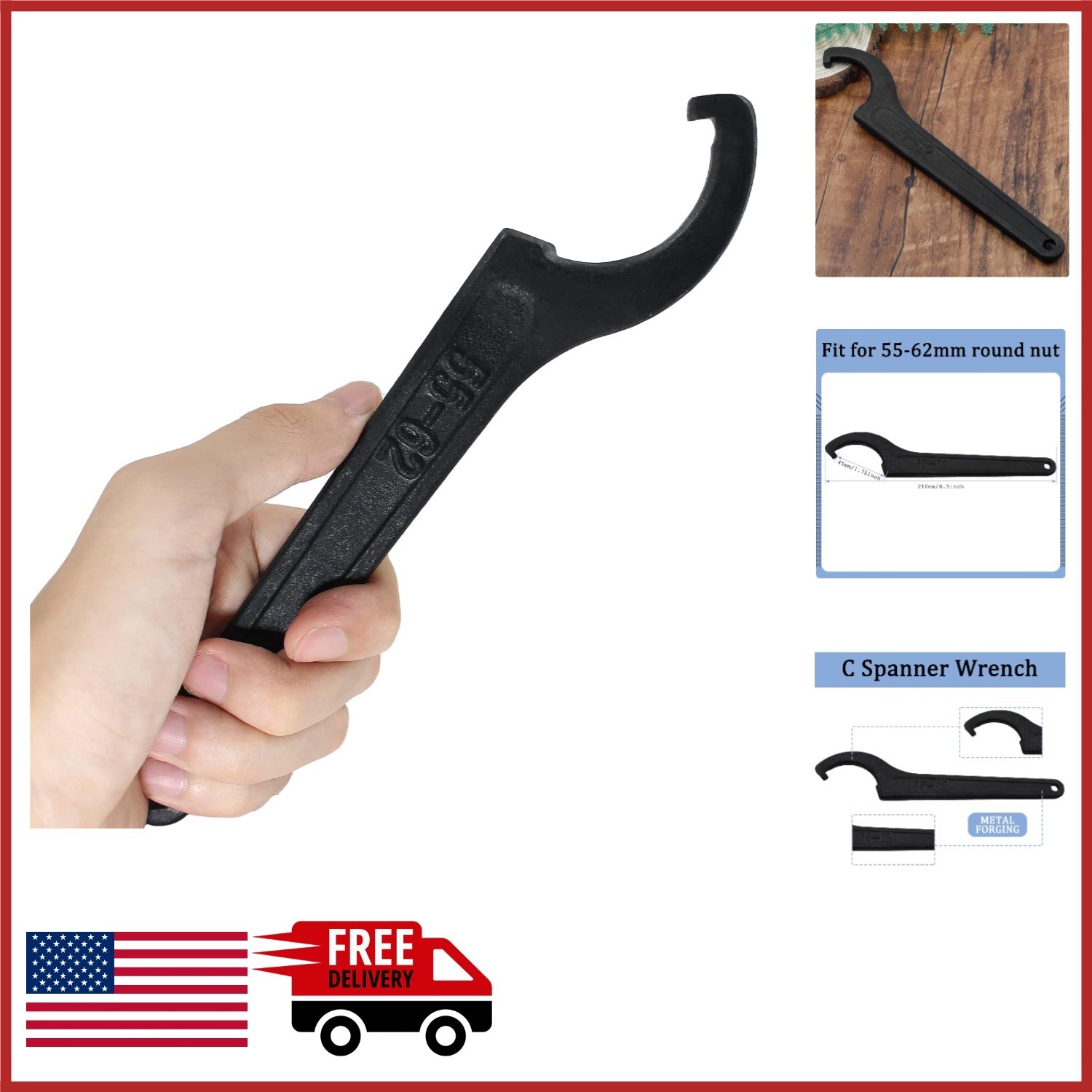 C Spanner Wrench Tool for 55-62mm Round Nuts Carbon Steel Durable