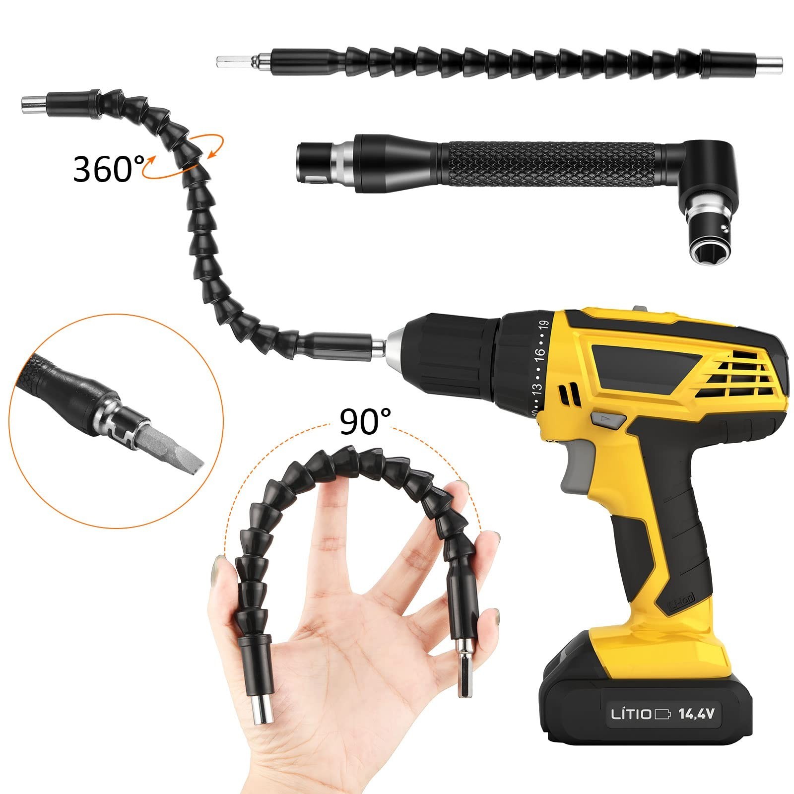 Set Adaptador Taladro 23 Pzs Extension Flexible 105 Grados Dado Hexagonal Puntas