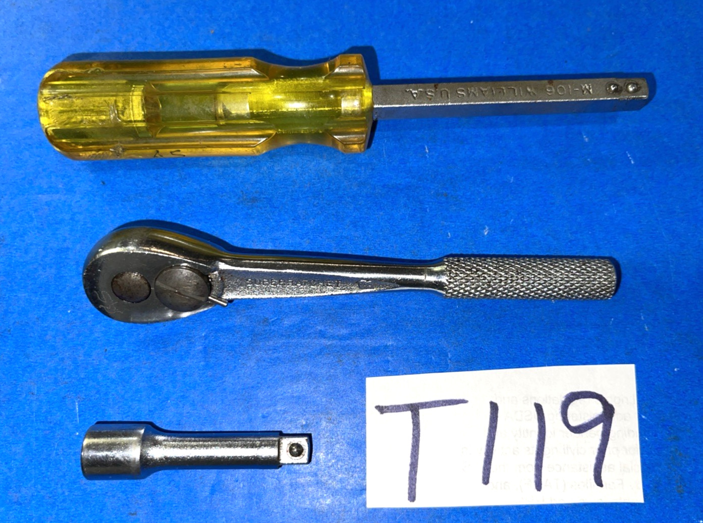 WILLIAMS CO TOOLS VINTAGE 3 PIECE 1/4 DRIVE SUPER RATCHET-EXTENSION-BIT DRIVER