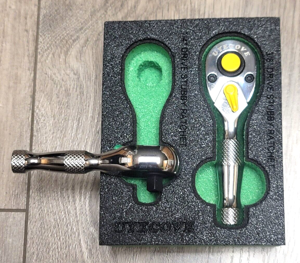 UYECOVE 2pc Color Coded Stubby Ratchet Set w/ Foam Tray 1/4 & 3/8dr