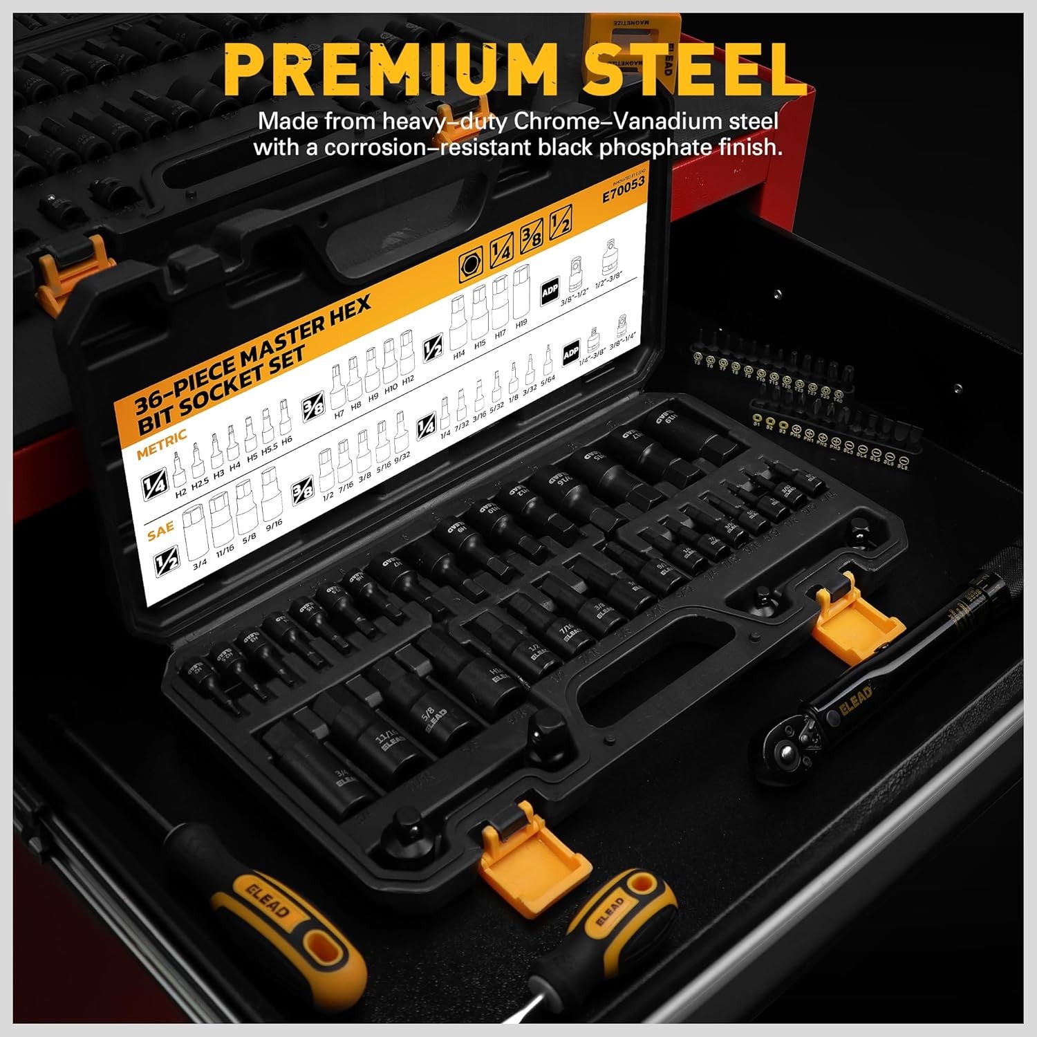 Hex Bit Impact Socket Set: 36-Piece with 4 Adapters, 1/4″, 3/8″, One Size