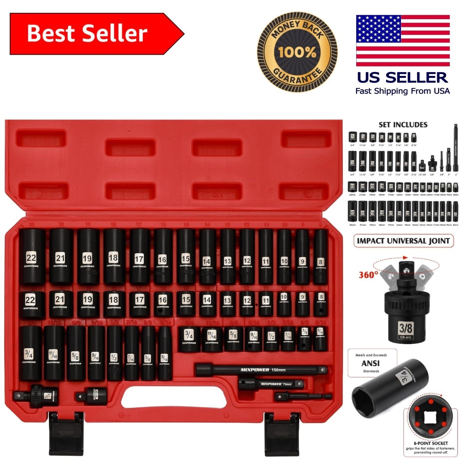Durable 3/8″ Drive Impact Universal Joint Socket Set – 49 Pieces for Mechanics